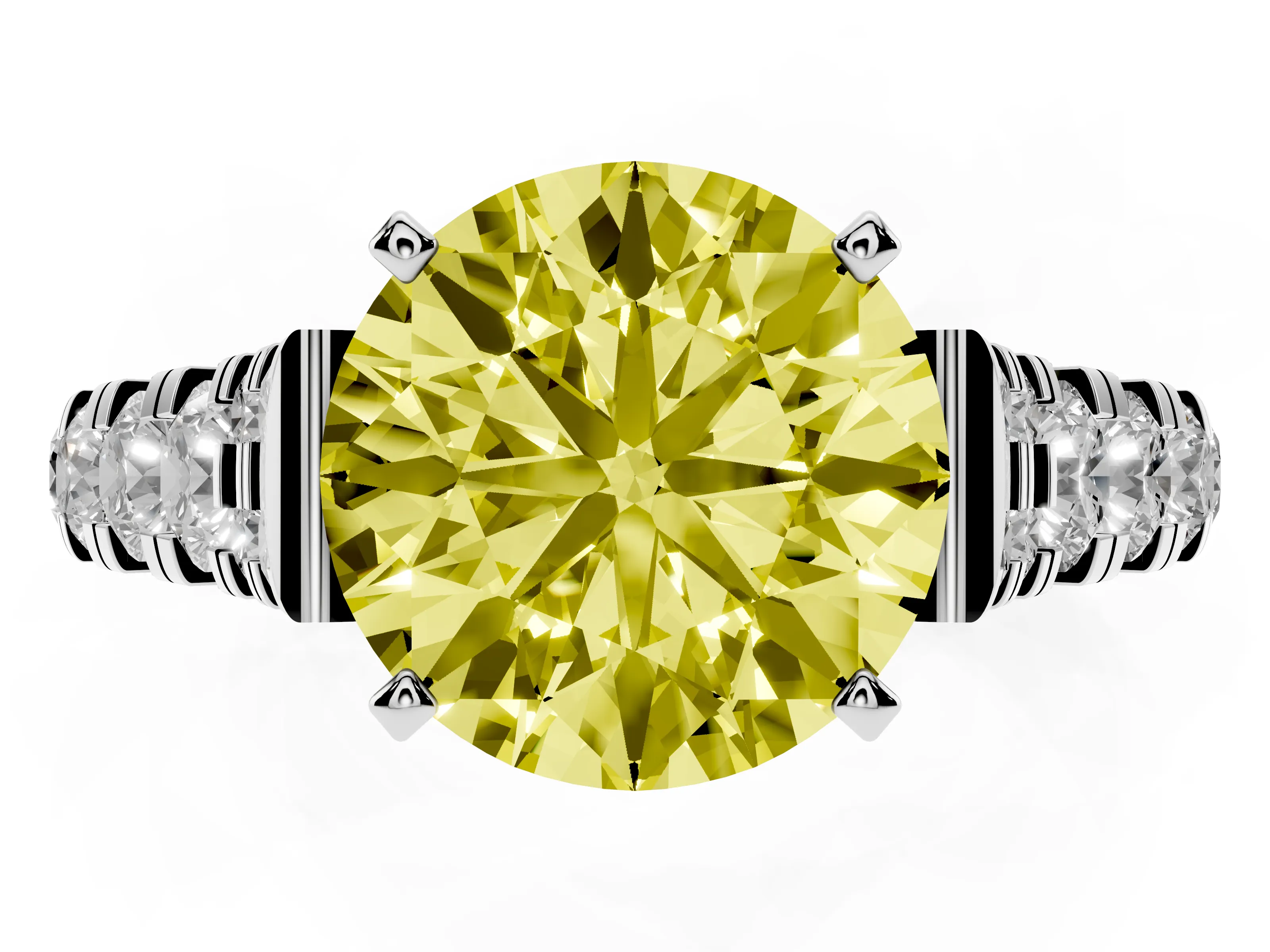 Fancy Yellow Round Cut Diamond Classic Solitaire Ring Set in Platinum with Pavé Band and Prong Setting