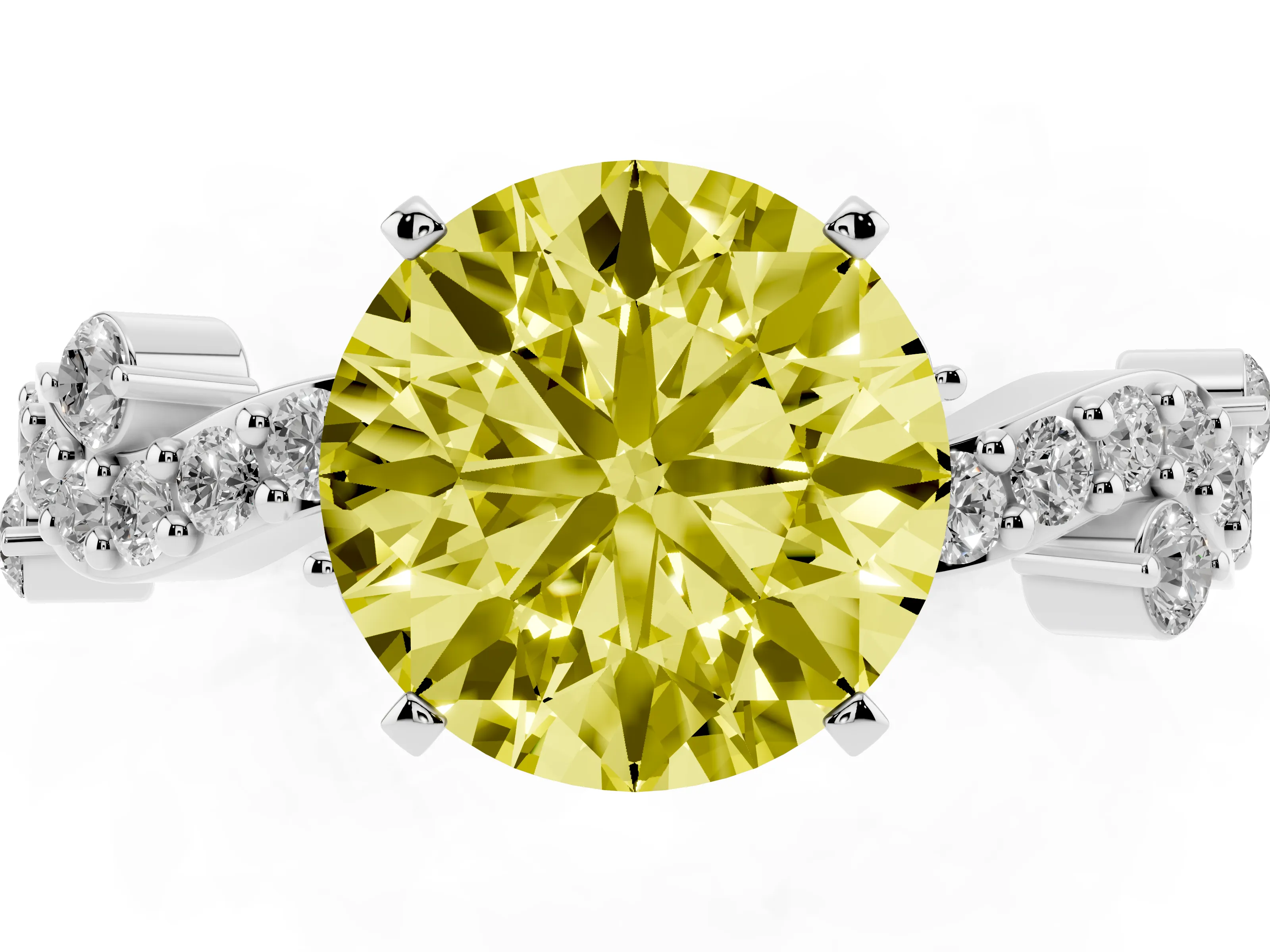 Fancy Yellow Round Cut Diamond Solitaire Twisted Band Set in Platinum with Pavé Setting