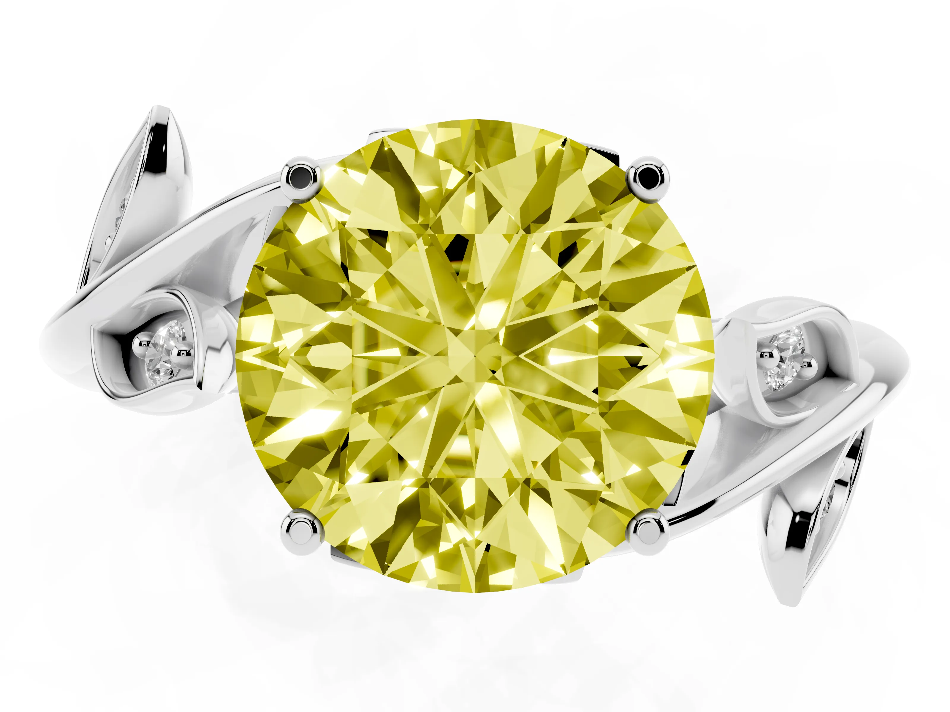 Fancy Yellow Round Cut Diamond Solitaire Twist Engagement Ring Set in Platinum with Pavé Leaf Accents