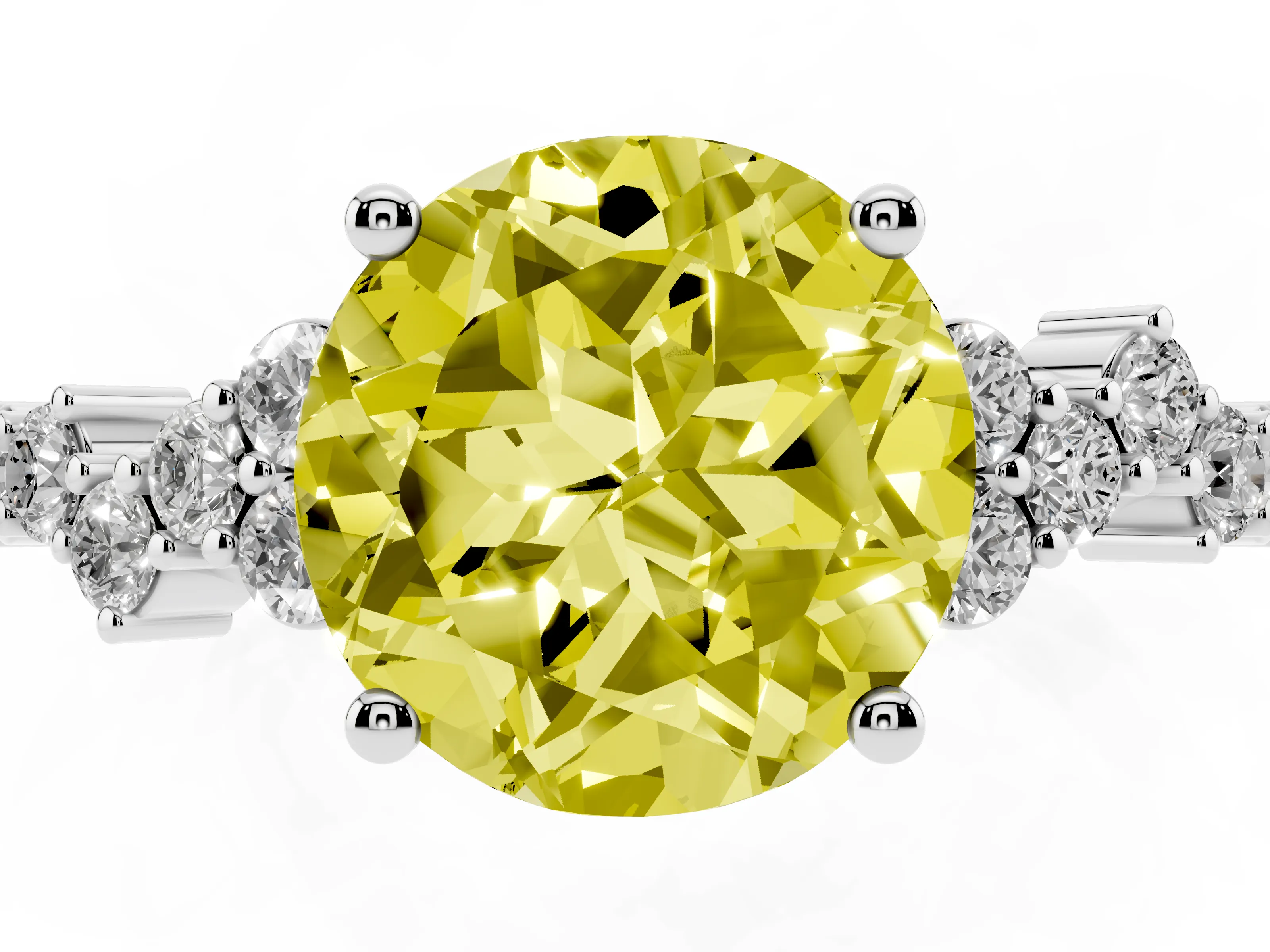 Fancy Yellow Round Cut Diamond Ring Set in White gold with Scattered Round Accents