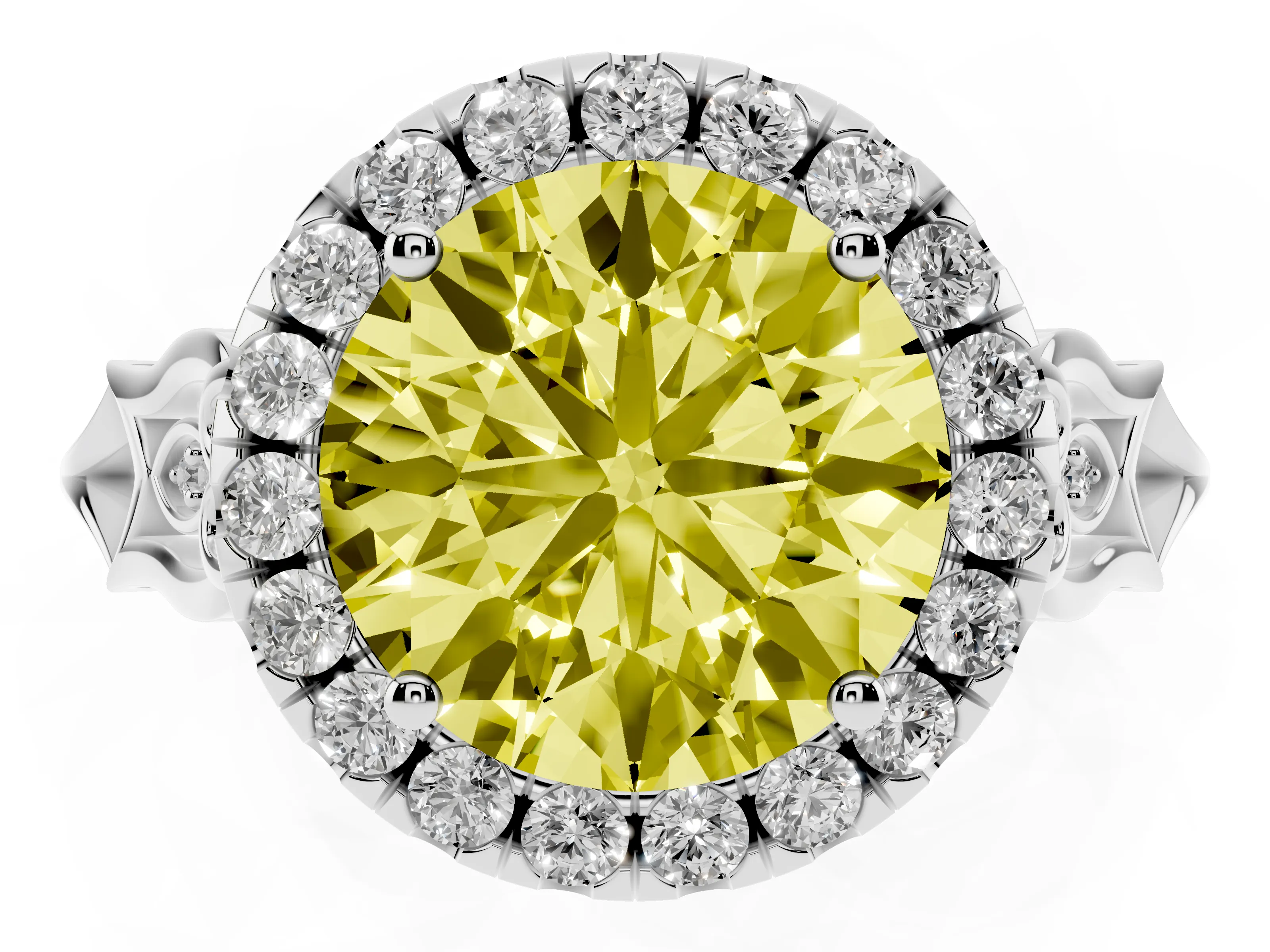 Fancy Yellow Round Cut Diamond Halo Engagement Ring Set in White gold with Filigree Band and Prong-Set Center