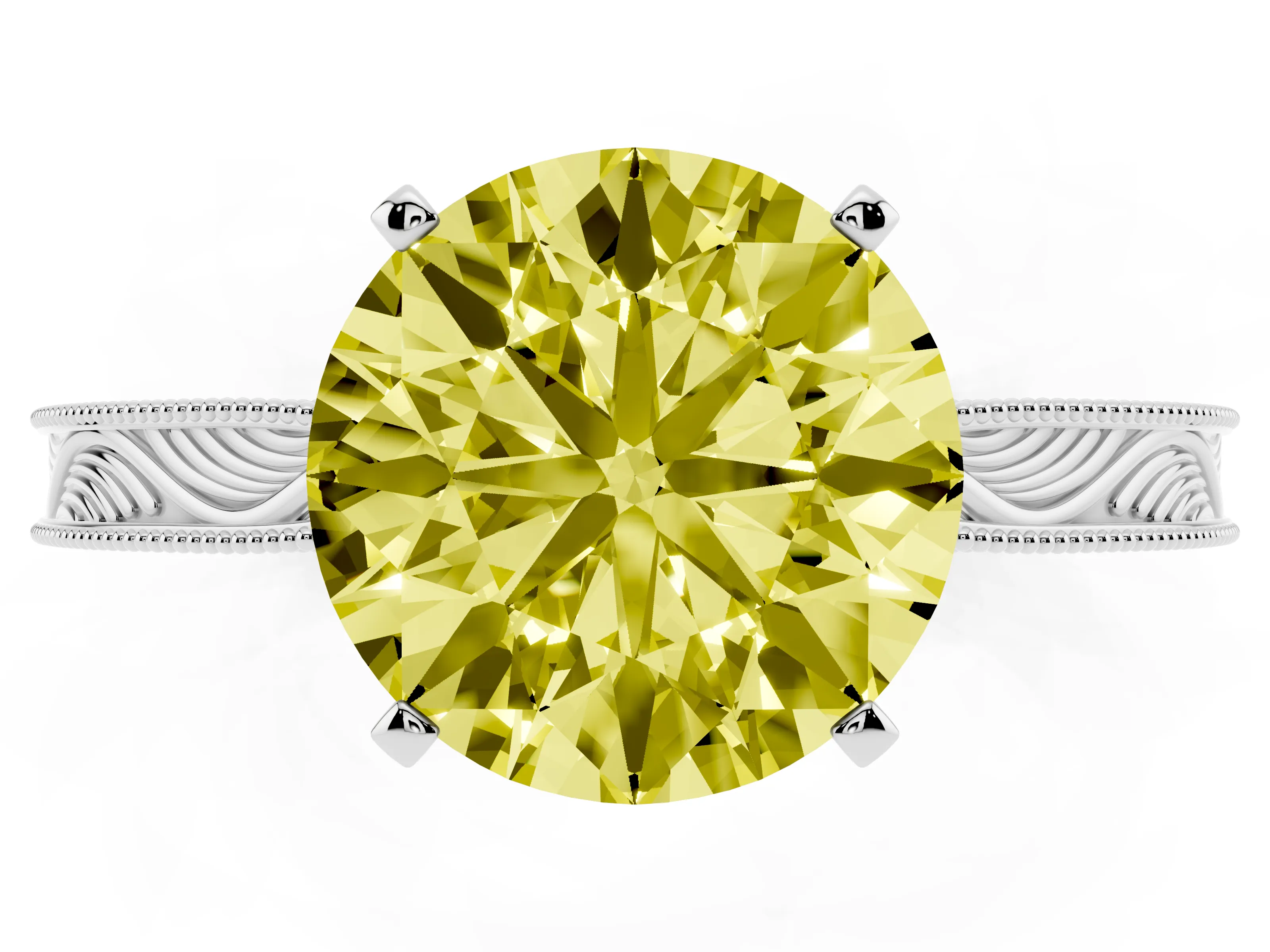 Fancy Yellow Round Cut Diamond Solitaire Milgrain Engraved Band Set in Platinum with Prong Setting