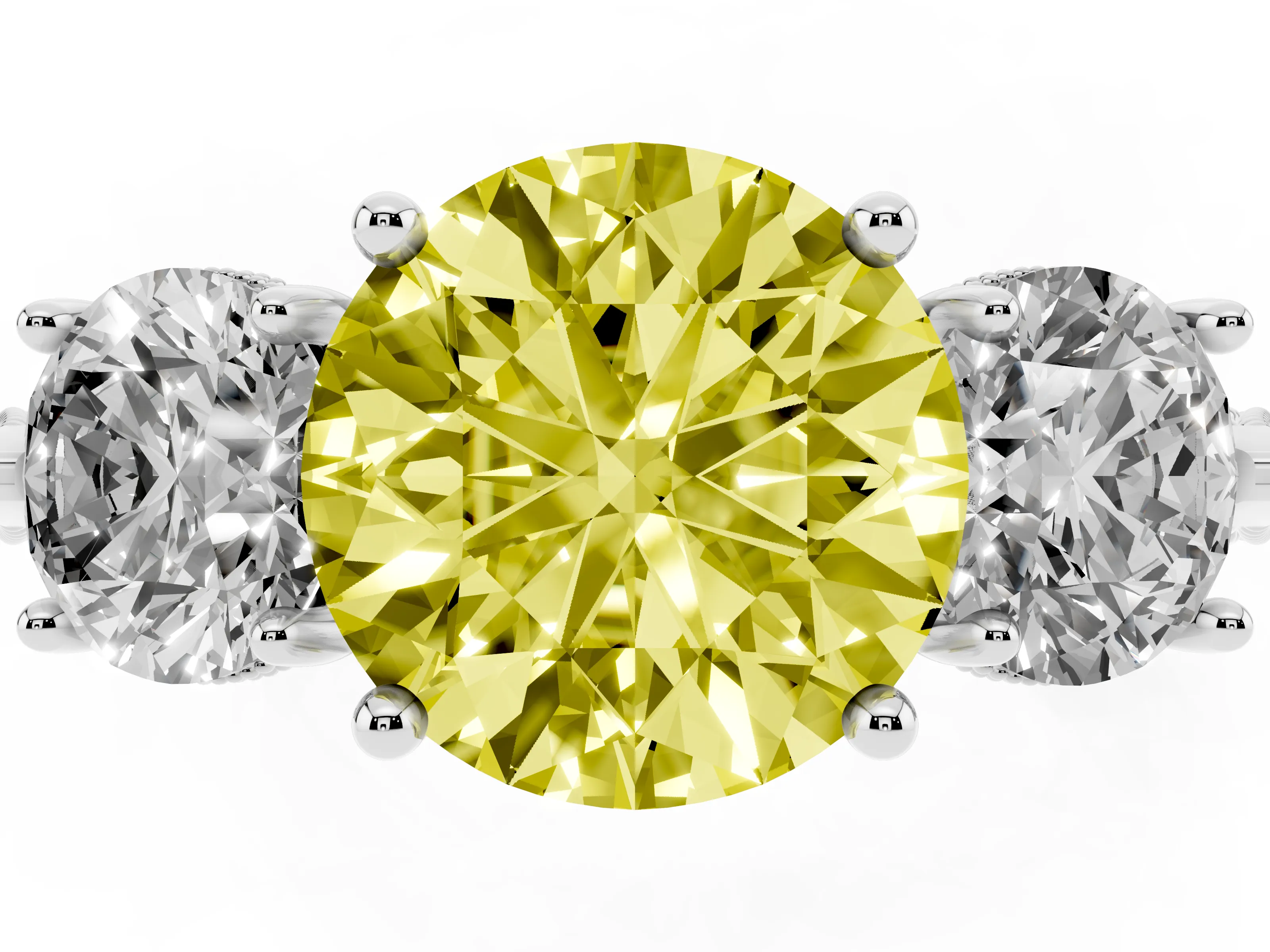 Fancy Yellow Round Cut Diamond Three-Stone Ring Set in Silver with Milgrain Band