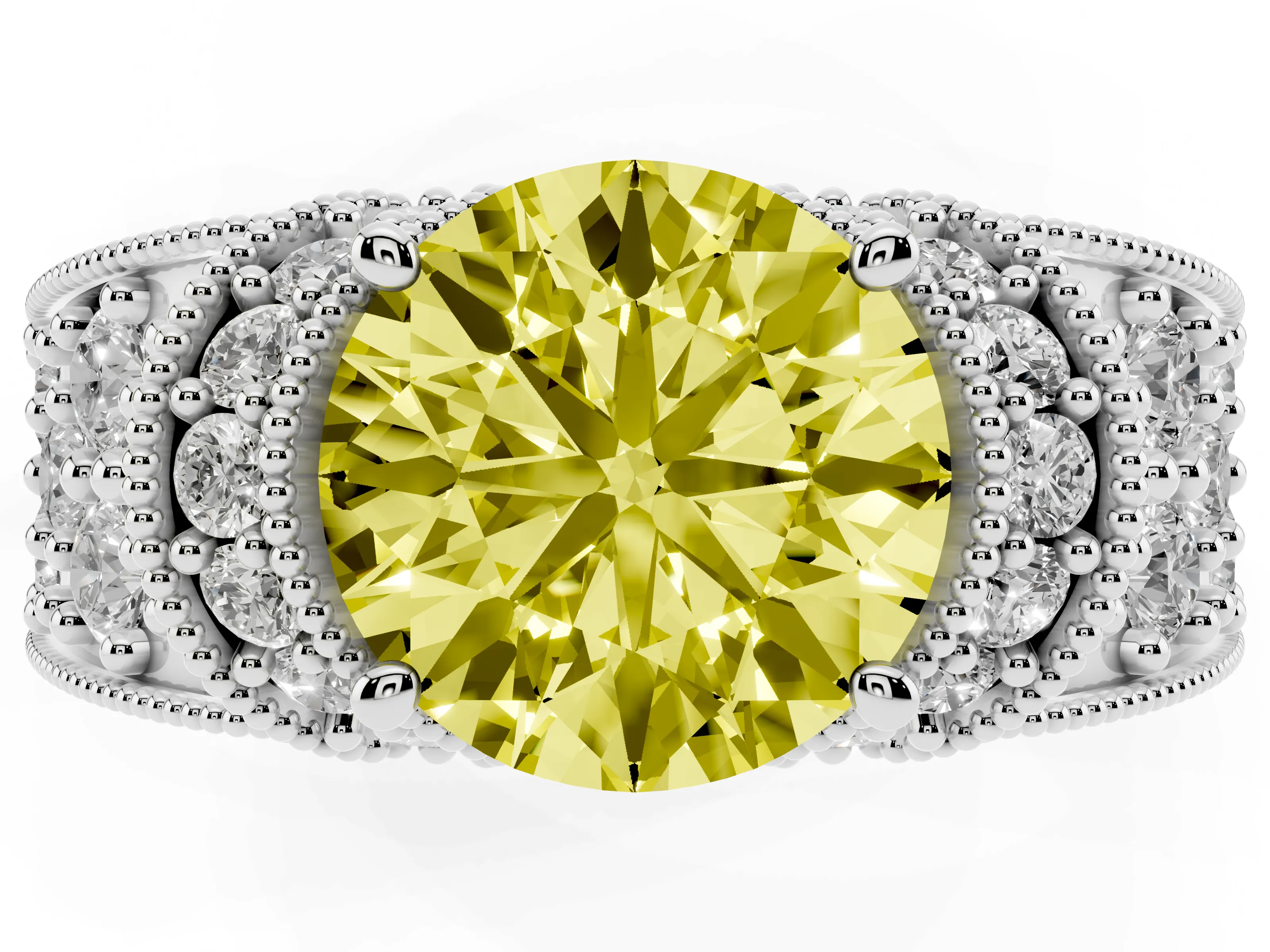 Fancy Yellow Round Cut Diamond Milgrain Halo Pavé Engagement Ring Set in Silver with Prong Setting