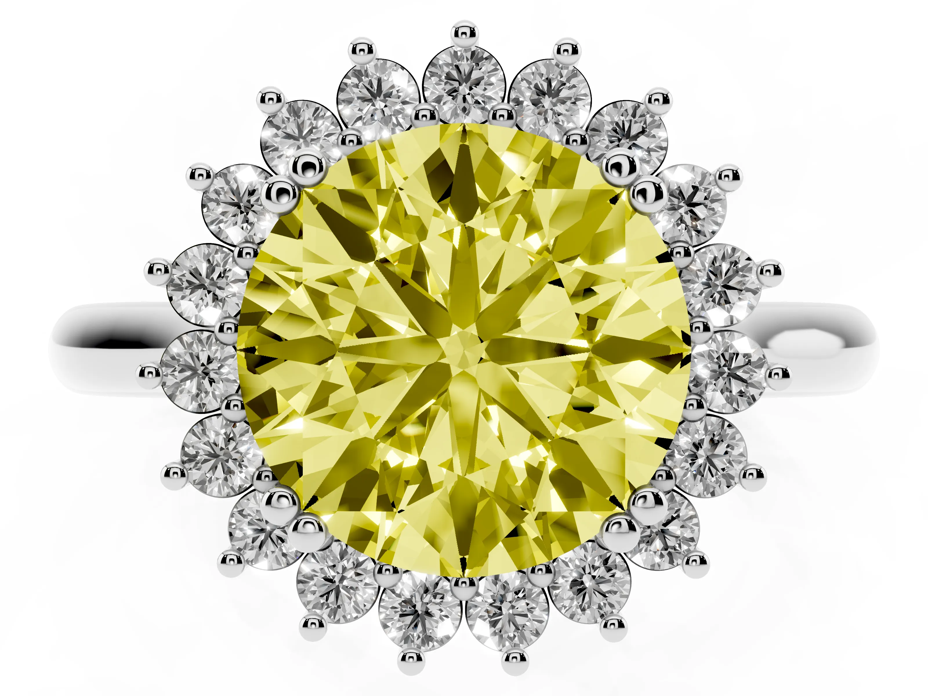 Fancy Yellow Round Cut Diamond Halo Ring Set in Platinum with Plain Solitaire Band and Prong Setting