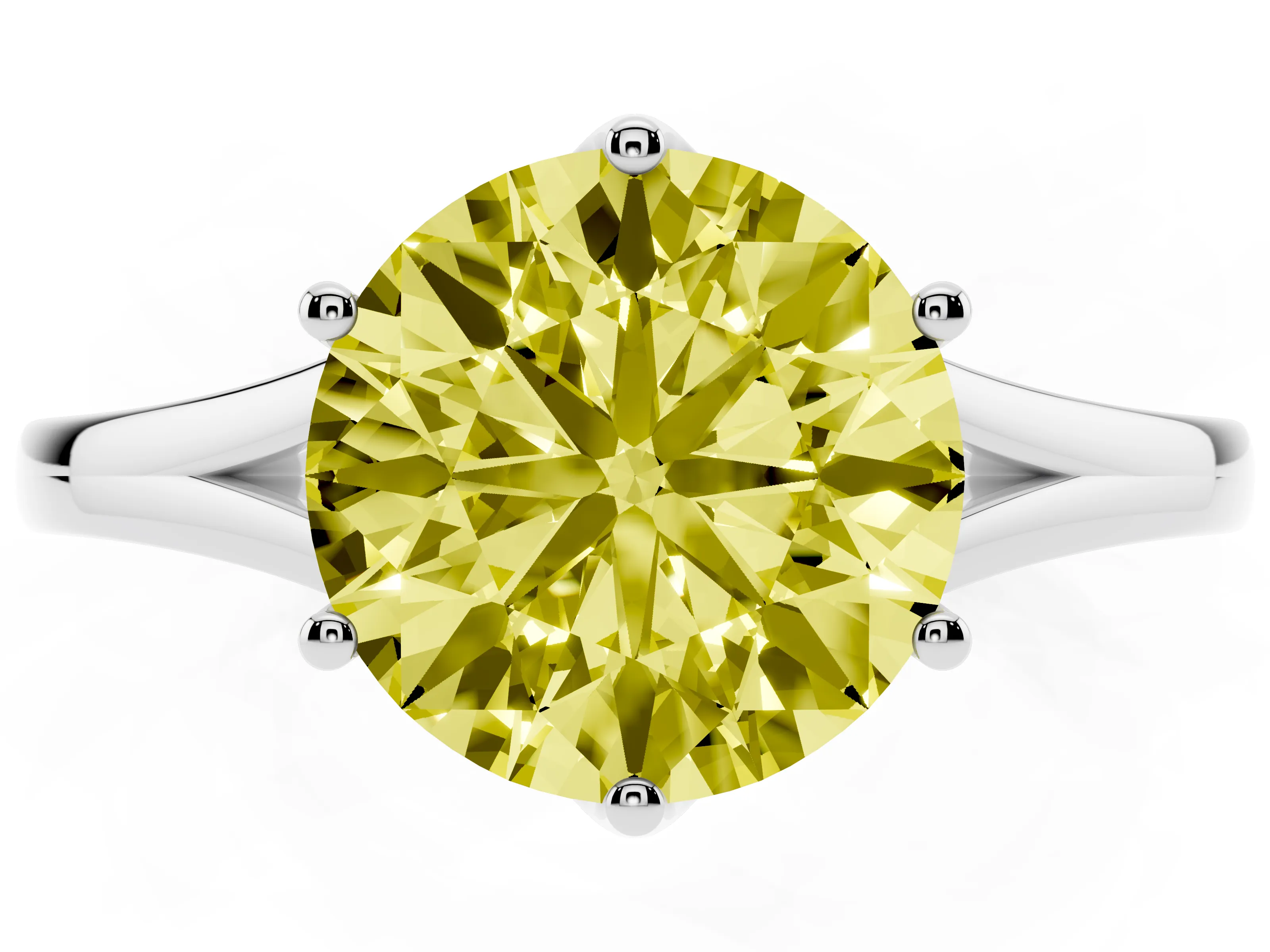 Fancy Yellow Round Cut Diamond Solitaire Ring Set in Silver with Polished Tapered Band and Prong Setting