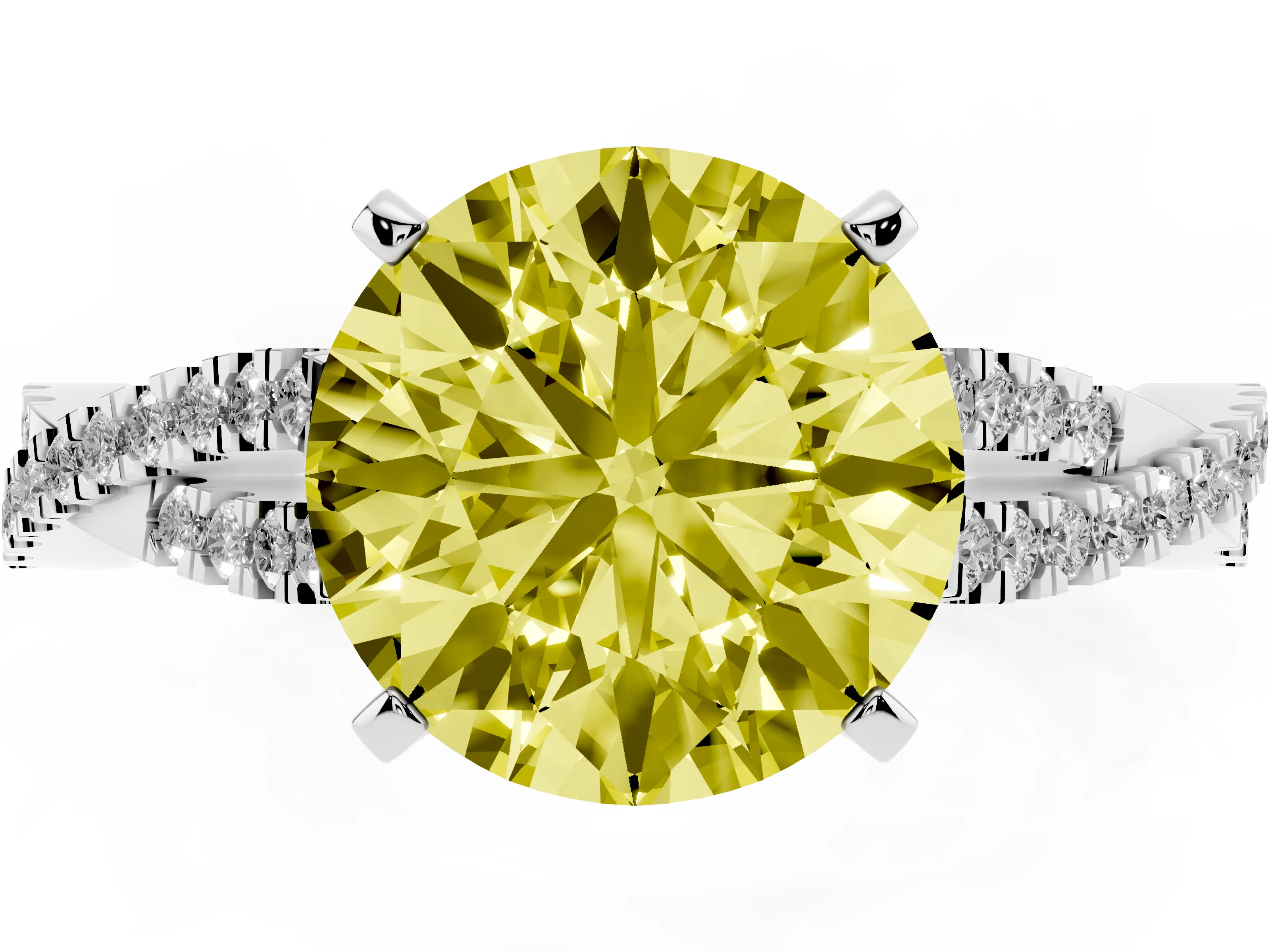 Fancy Yellow Round Cut Diamond Solitaire Engagement Ring Set in White gold with Twisted Pavé Band and Prong Setting