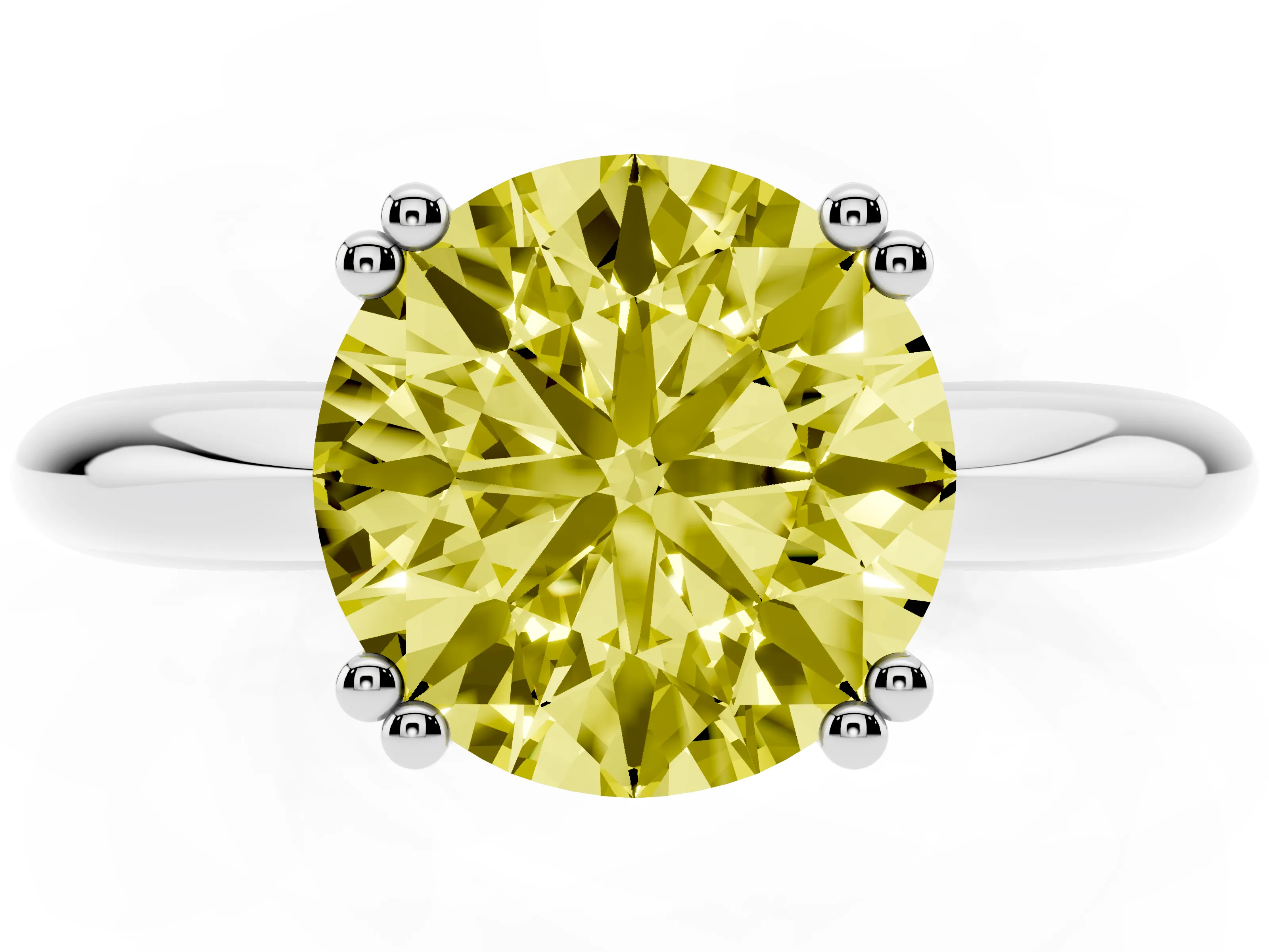 Fancy Yellow Round Cut Diamond Solitaire Engagement Ring Set in White gold with Tapered Band and Prong Setting