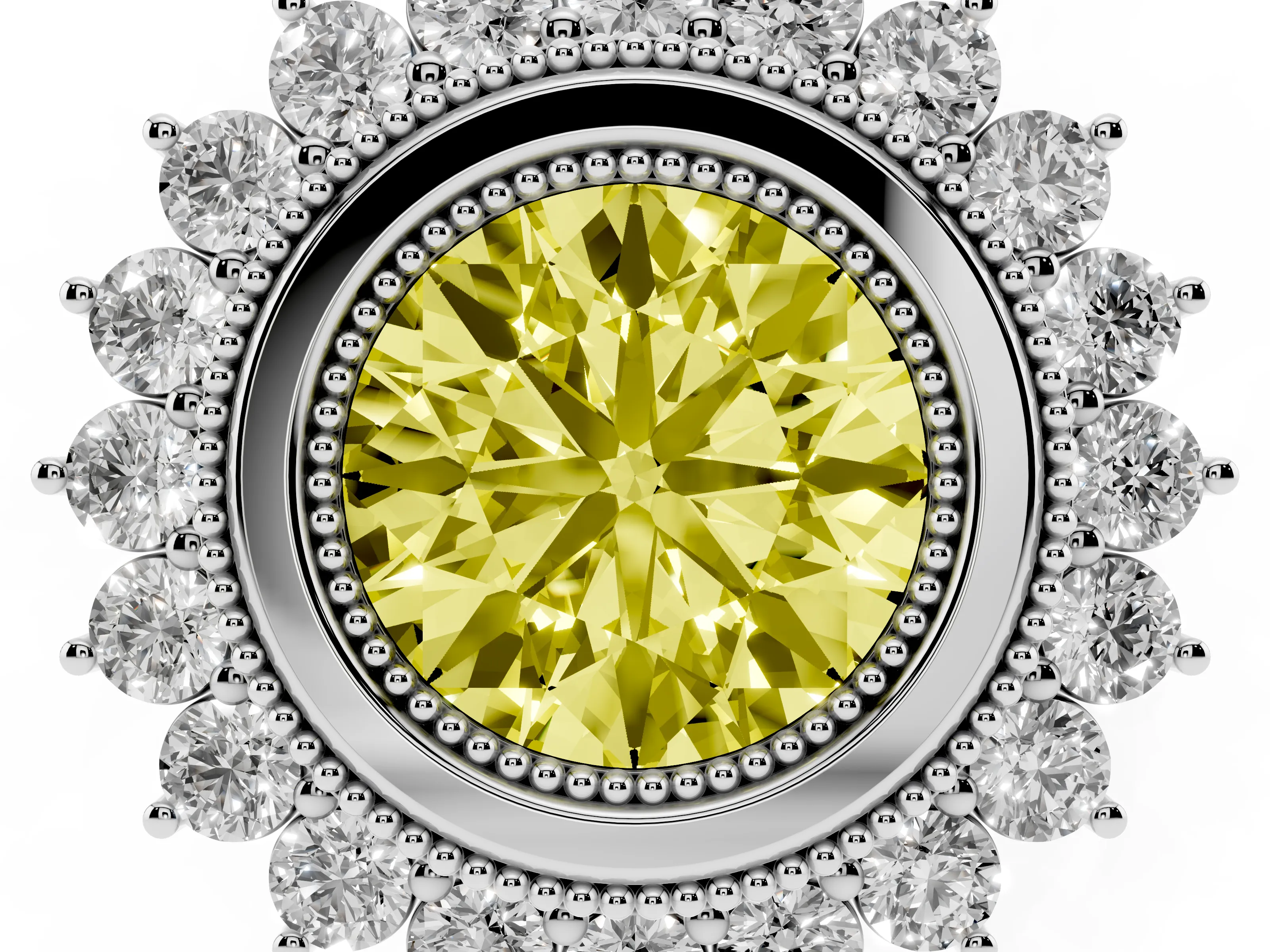 Fancy Yellow Round Cut Diamond Halo Ring Set in Silver with Milgrain Edge and Round Prong Setting