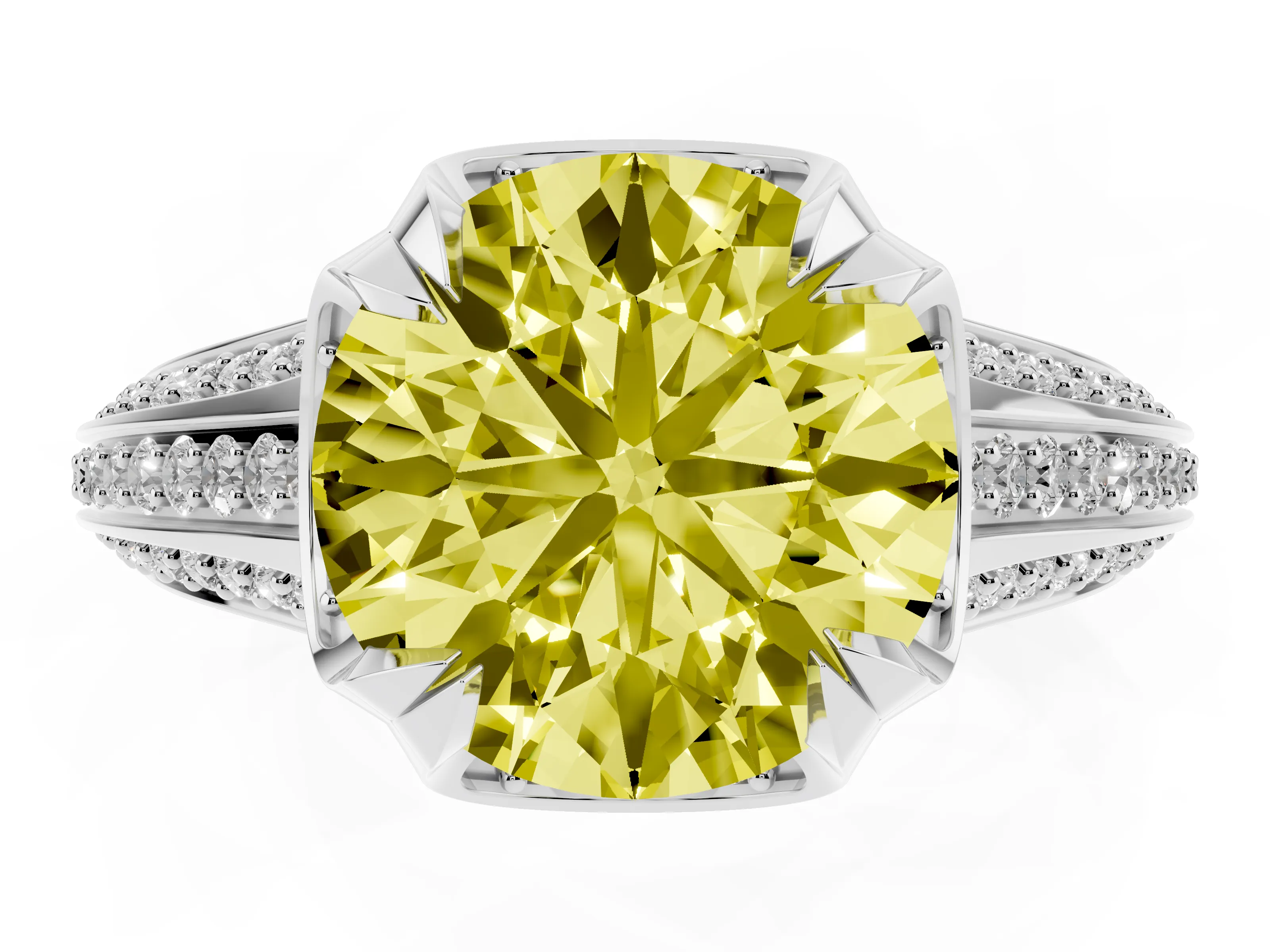 Fancy Yellow Round Cut Diamond Pavé Split Shank Solitaire Ring Set in Platinum with Prong Setting