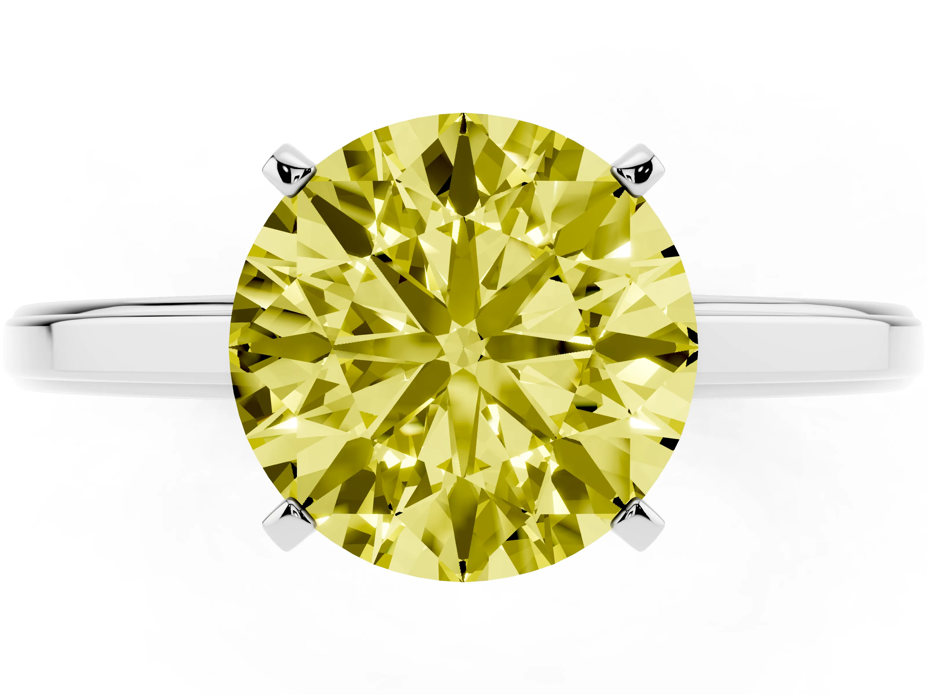 Fancy Yellow Round Cut Diamond Solitaire Ring Set in Platinum with Prong Setting and Classic Band