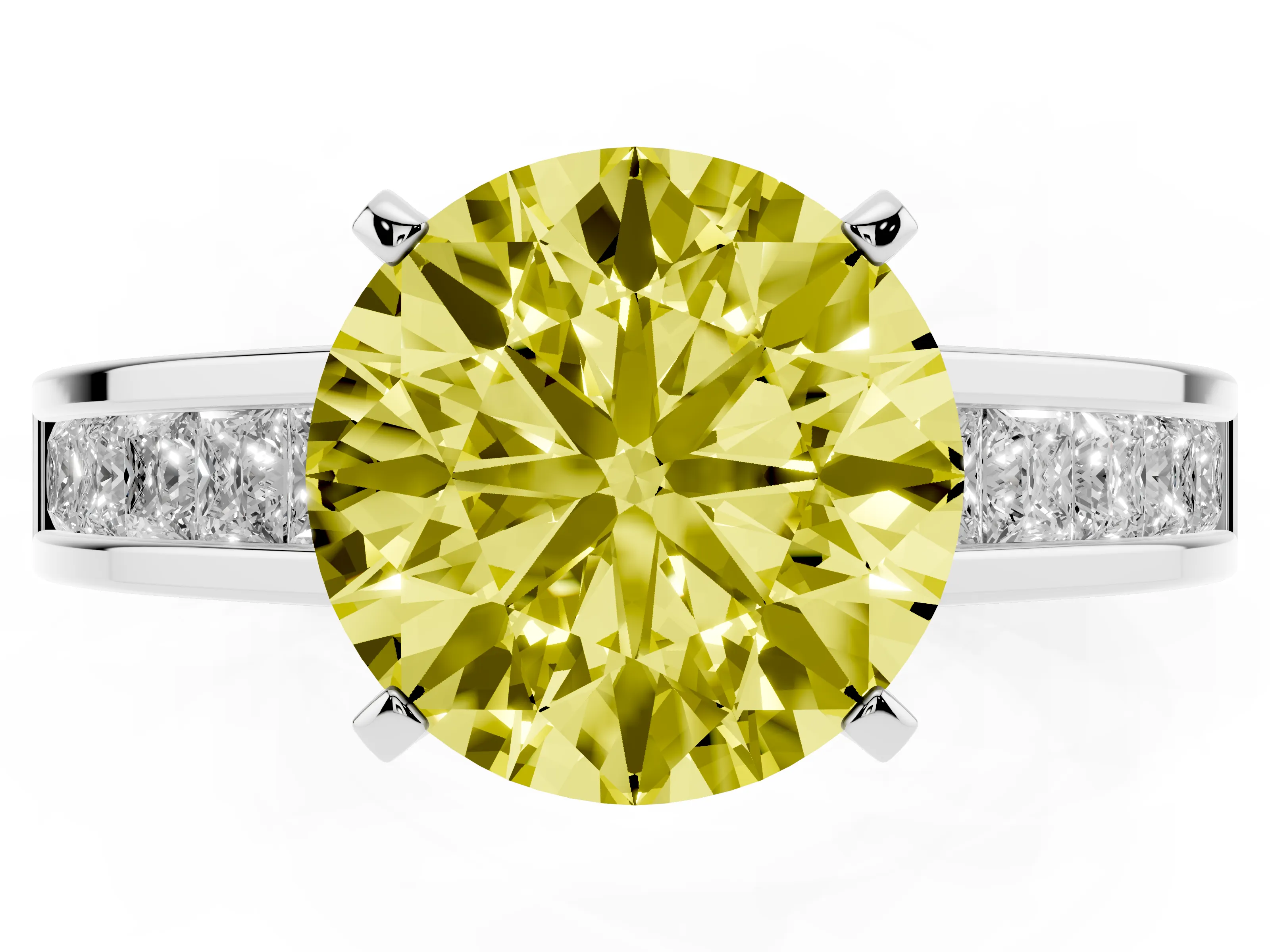 Fancy Yellow Round Cut Diamond Solitaire Ring Set in Silver with Channel-Set Band and Prong Setting