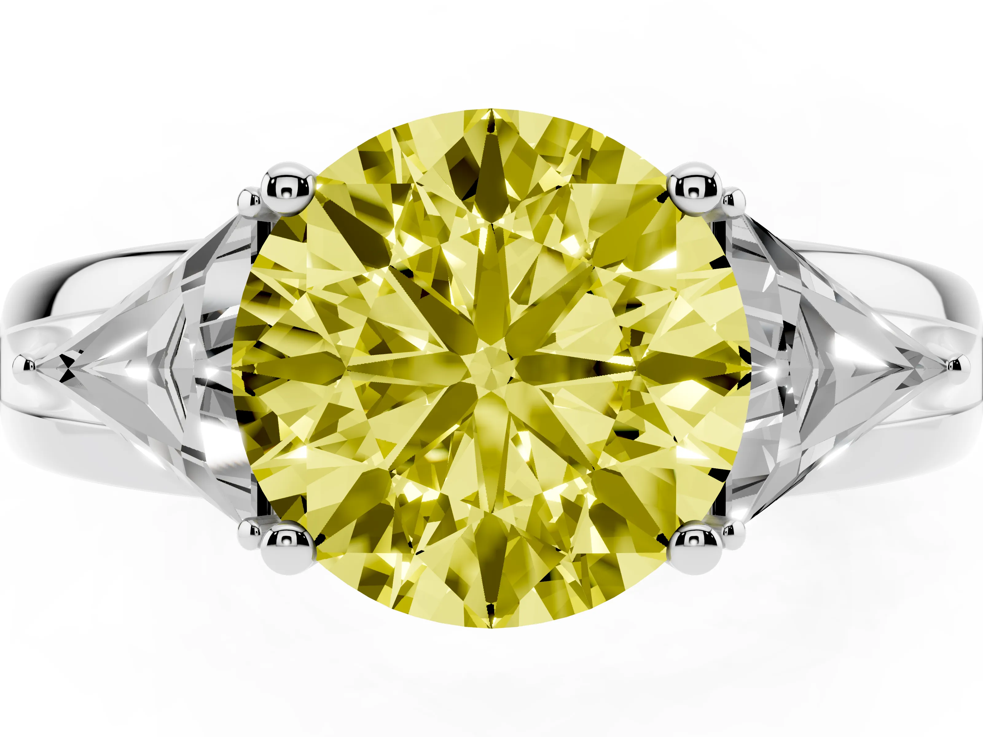 Fancy Yellow Round Cut Diamond Three-Stone Ring Set in Silver with Trillion Side Stones and Split Shank