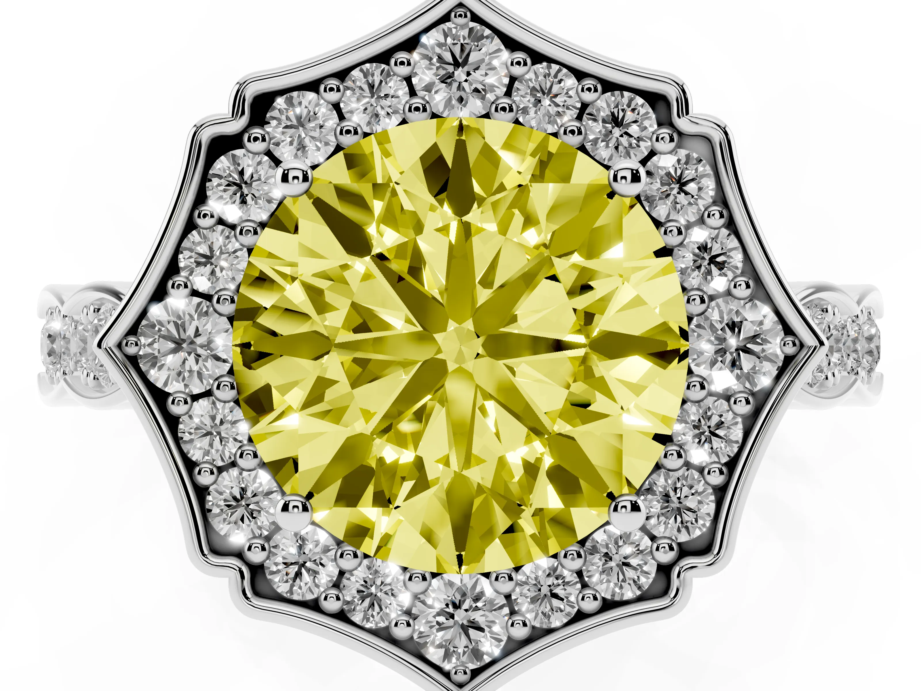 Fancy Yellow Round Cut Diamond Halo Engagement Ring Set in White gold with Milgrain Band and Prong Setting