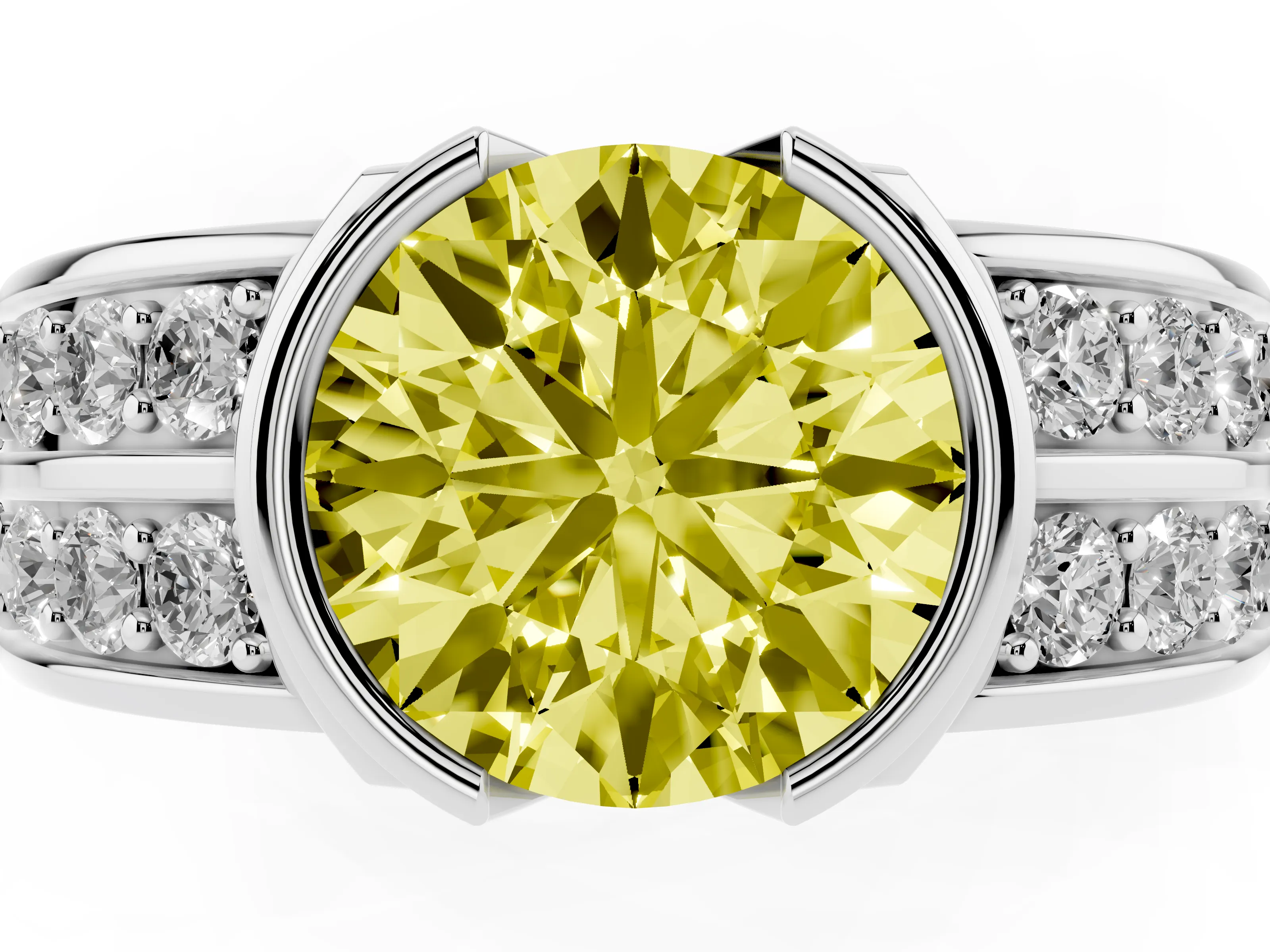 Fancy Yellow Round Cut Diamond Wide Channel Set Band Ring Set in Platinum with Bezel Setting