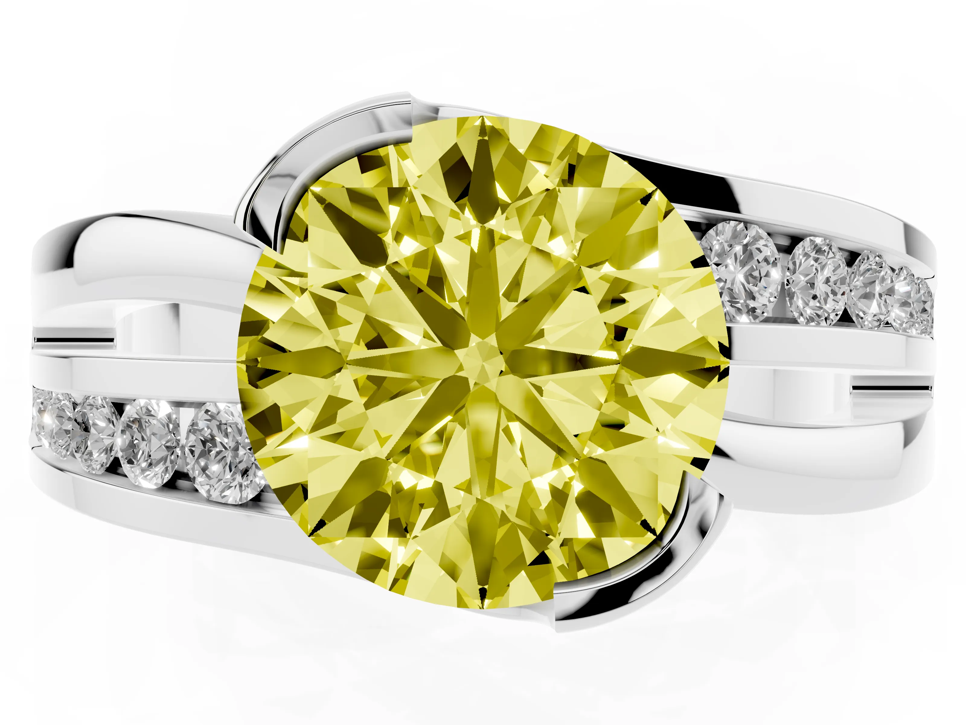 Fancy Yellow Round Cut Diamond Solitaire Ring Set in Silver with Channel Set Split Shank and Tension Prongs