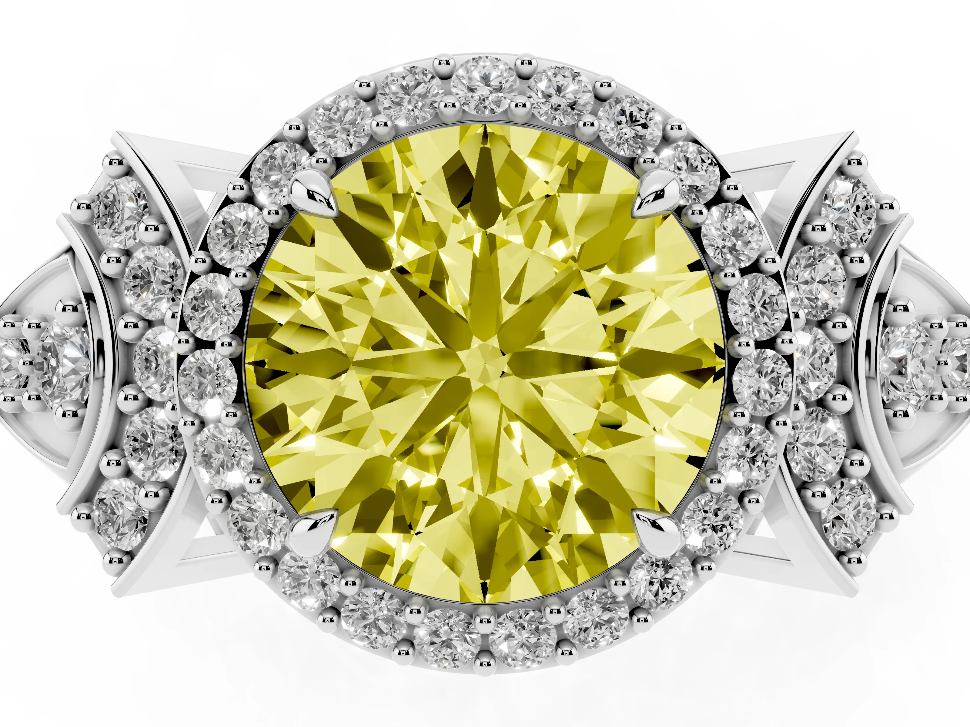 Fancy Yellow Round Cut Diamond Halo Engagement Ring Set in Silver with Accent Stone Split Shank