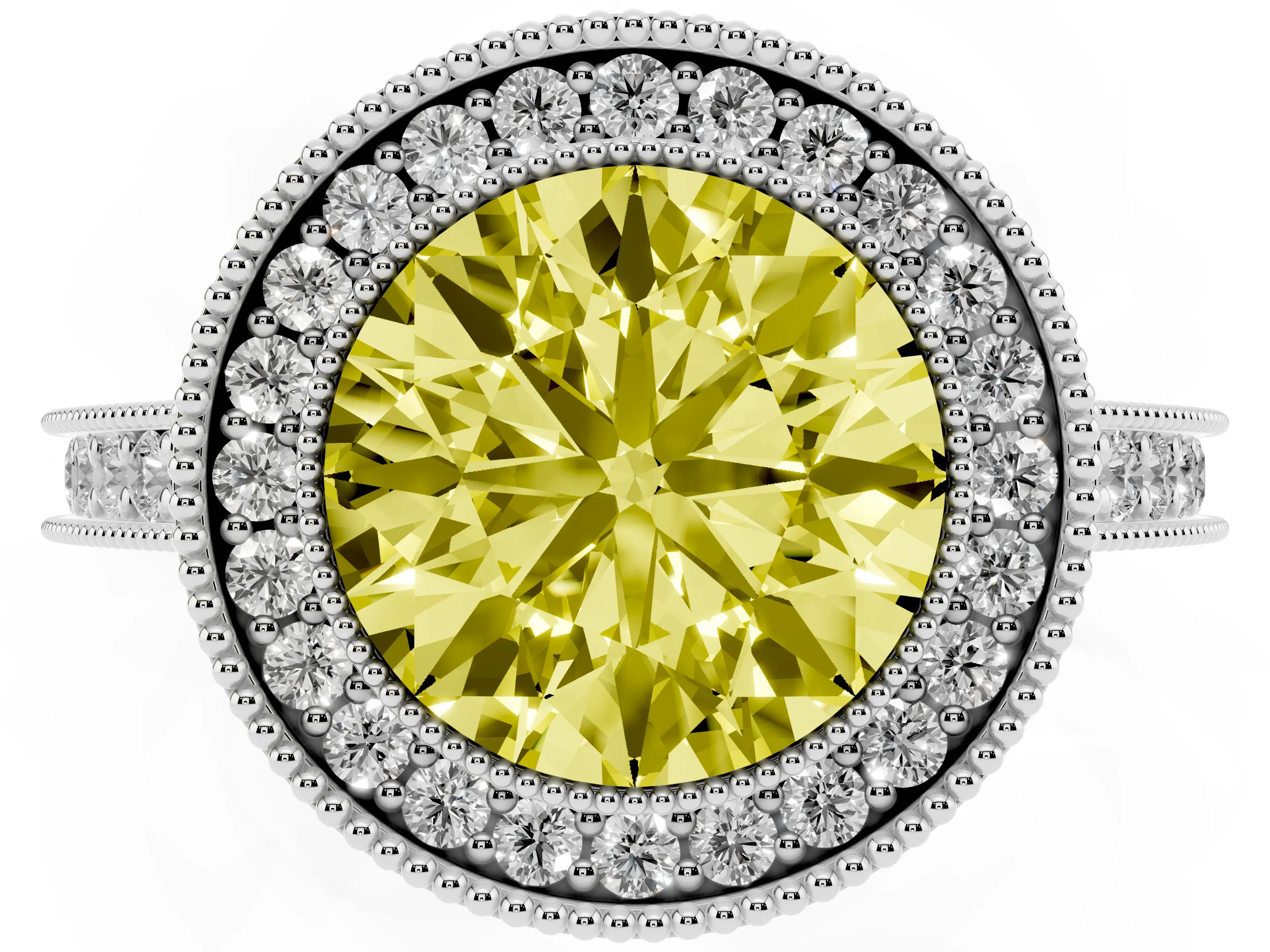 Fancy Yellow Round Cut Diamond Halo Milgrain Pavé Band Ring Set in Platinum with Prong Setting