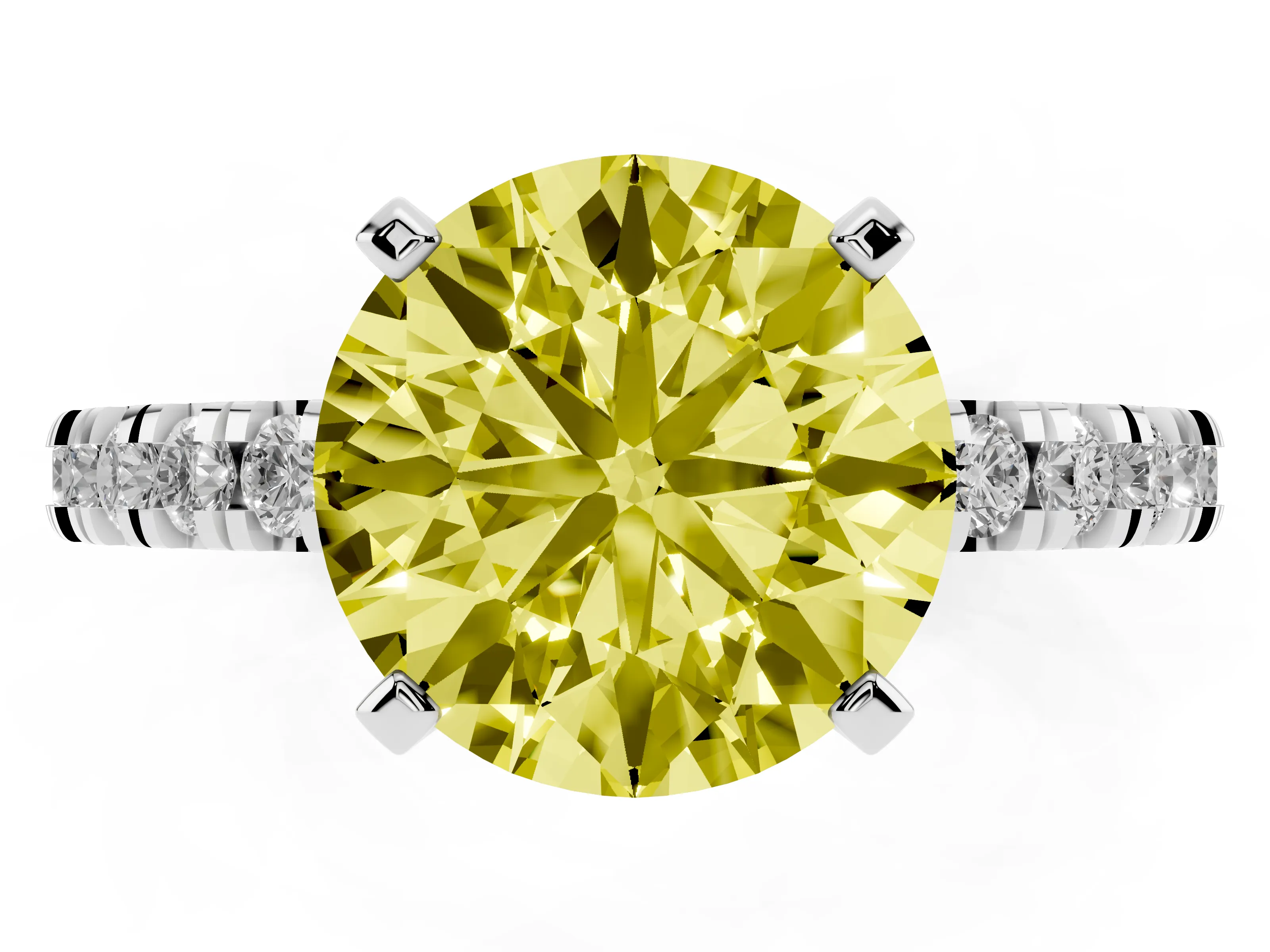 Fancy Yellow Round Cut Diamond Pavé Band Solitaire Set in White gold with Prong Setting