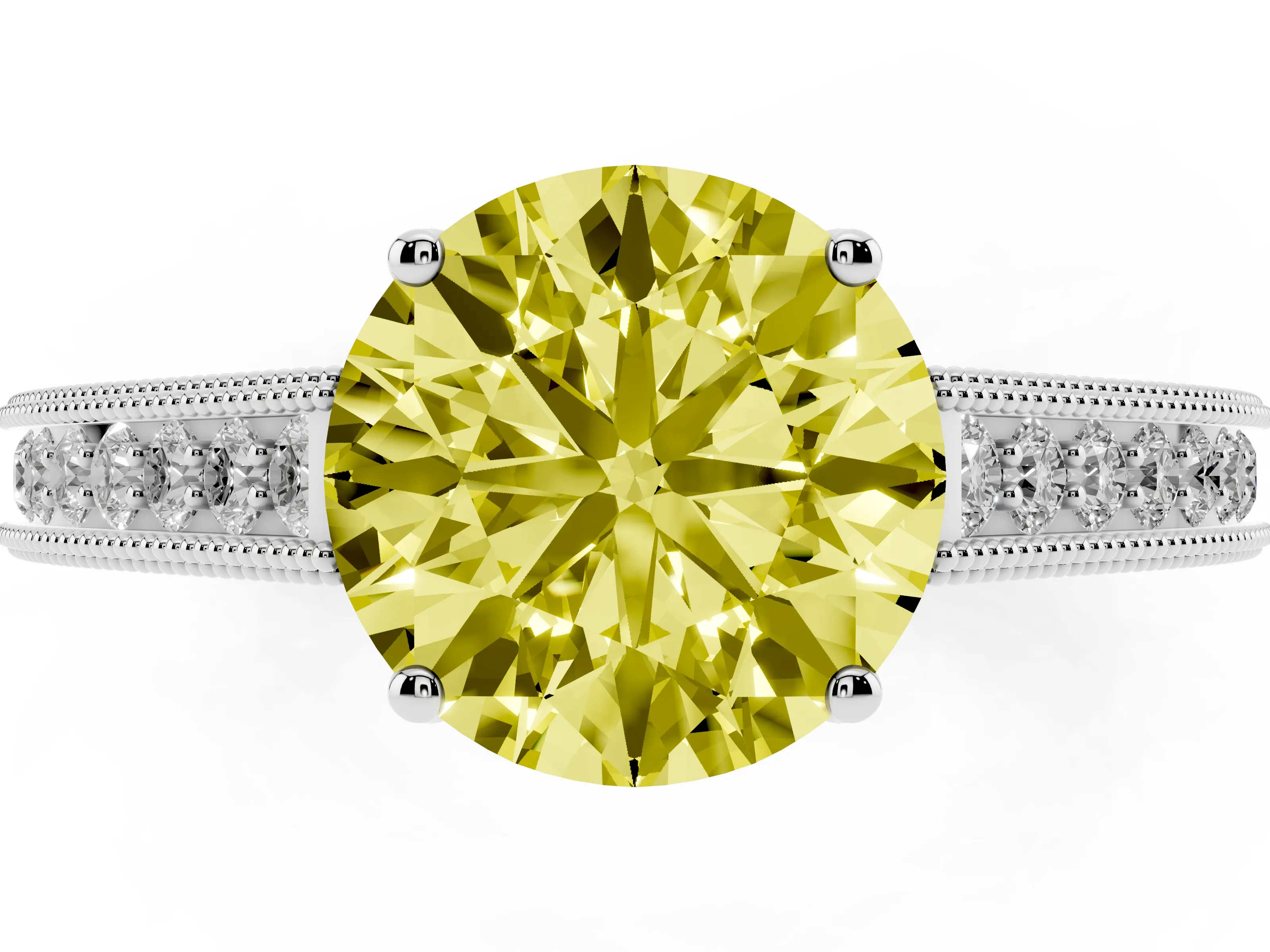 Fancy Yellow Round Cut Diamond Milgrain Pavé Band Solitaire Ring Set in Silver with Prong Setting