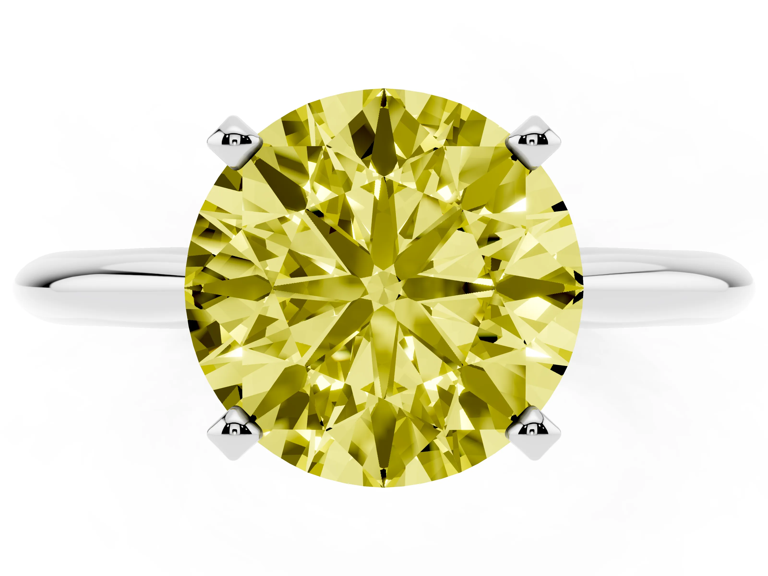 Fancy Yellow Round Cut Diamond Solitaire Ring Set in White gold with Prong Setting on a Plain Round Band