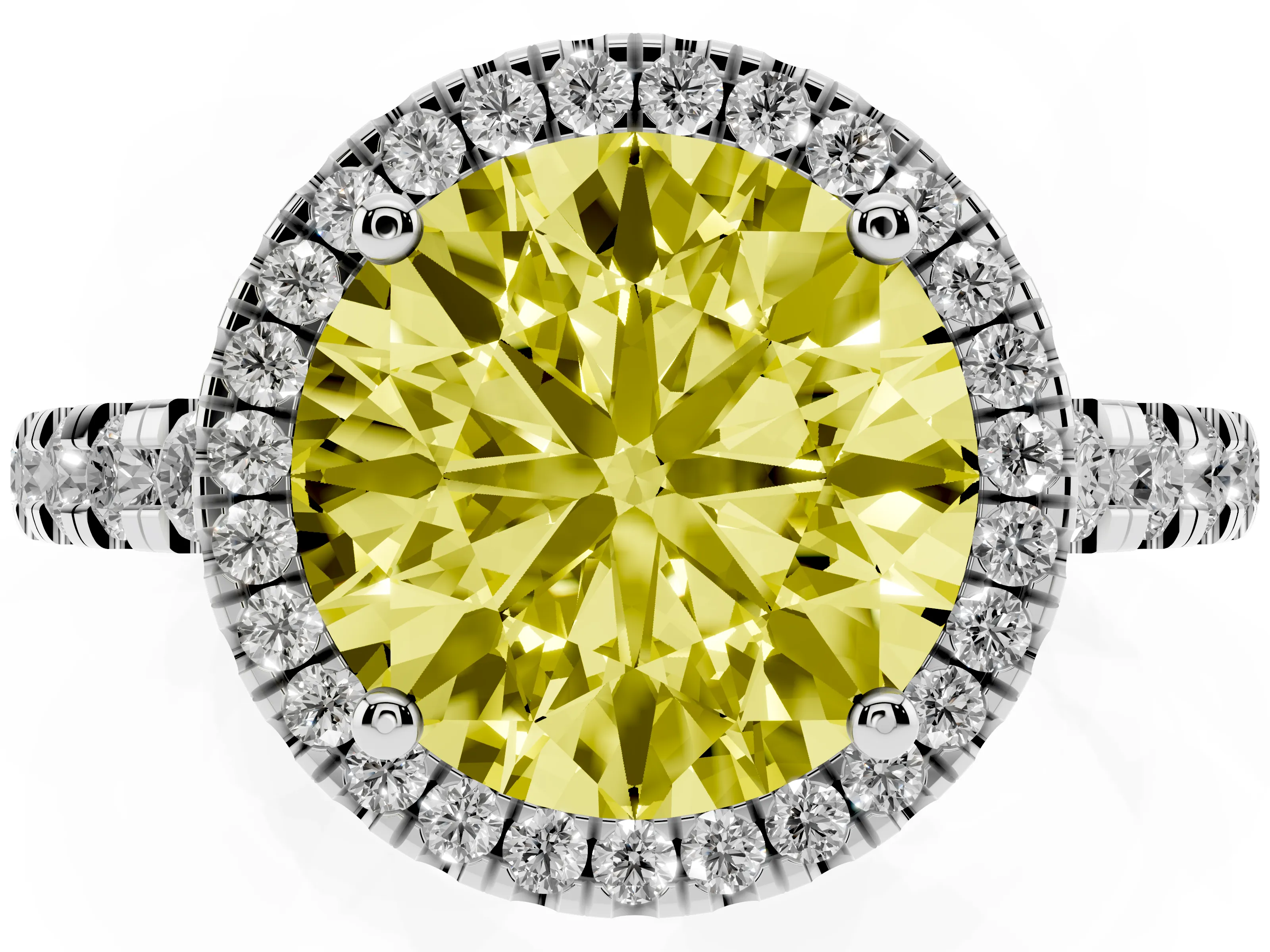 Fancy Yellow Round Cut Diamond Halo Ring Set in Silver with Delicate Pavé Band and Prong Setting