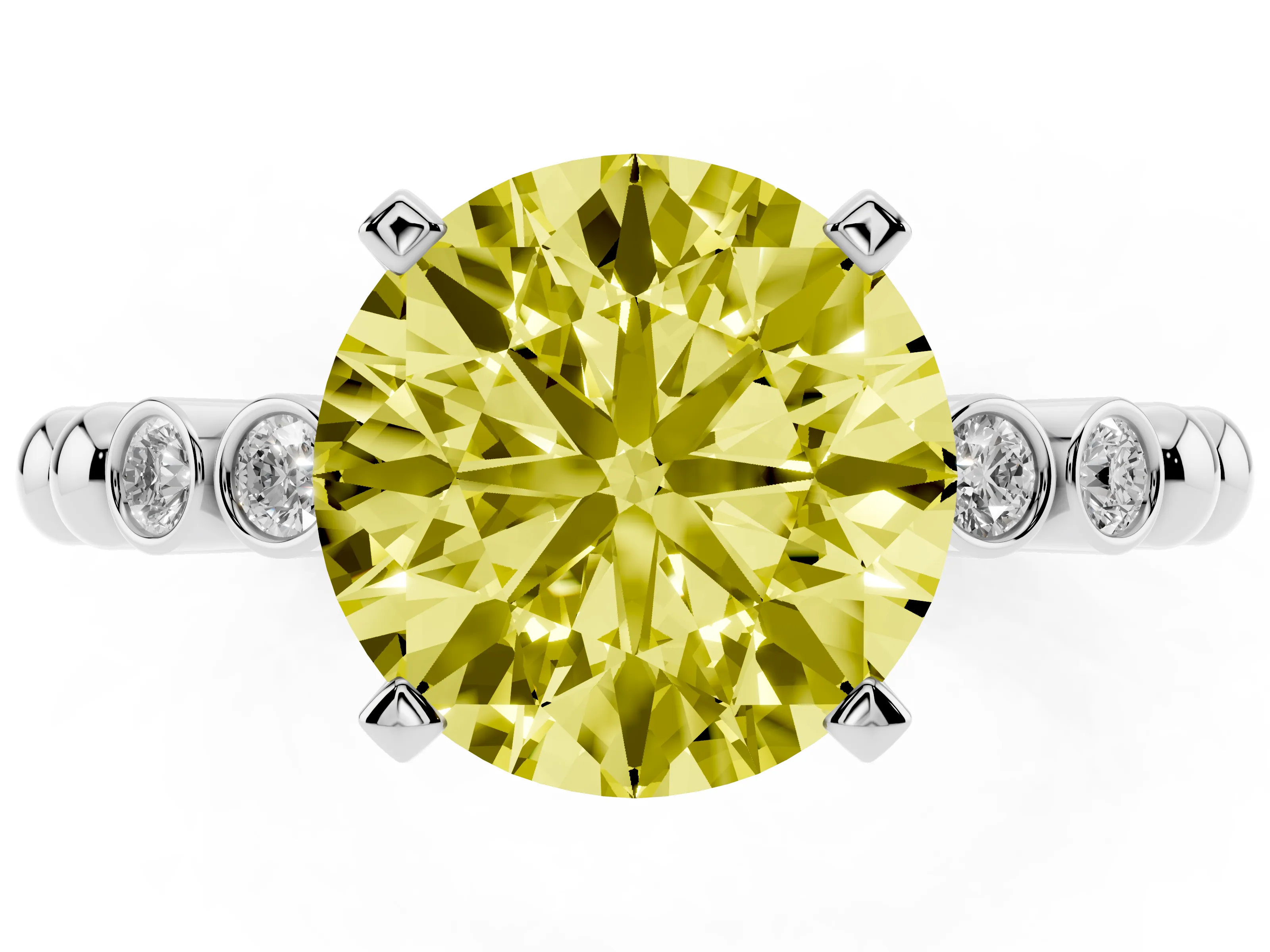 Fancy Yellow Round Cut Diamond Solitaire Engagement Ring Set in White gold with Bezel Accents on Beaded Band