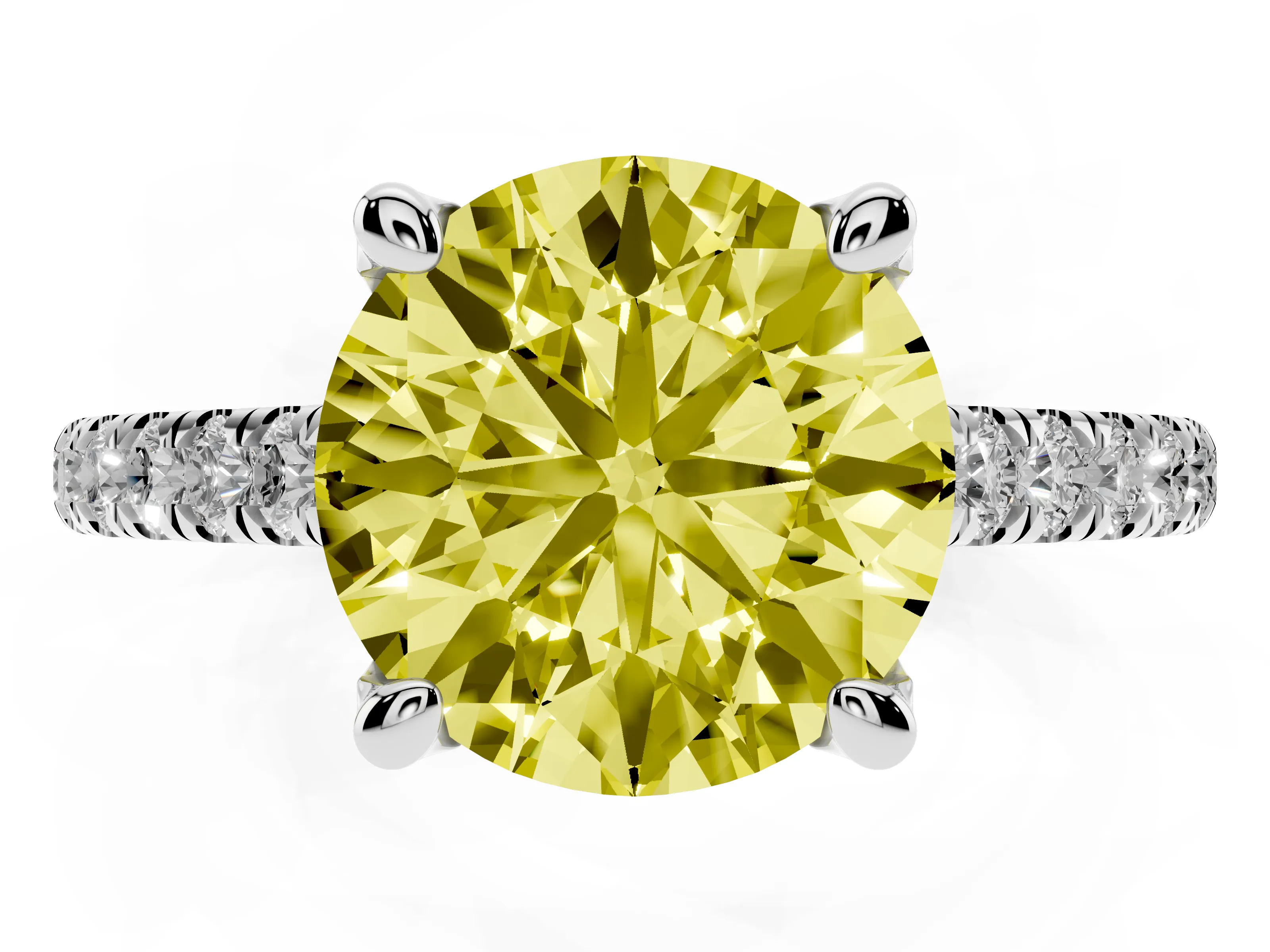 Fancy Yellow Round Cut Diamond Solitaire Ring Set in Platinum with Brilliant Pavé Band and Prong Setting
