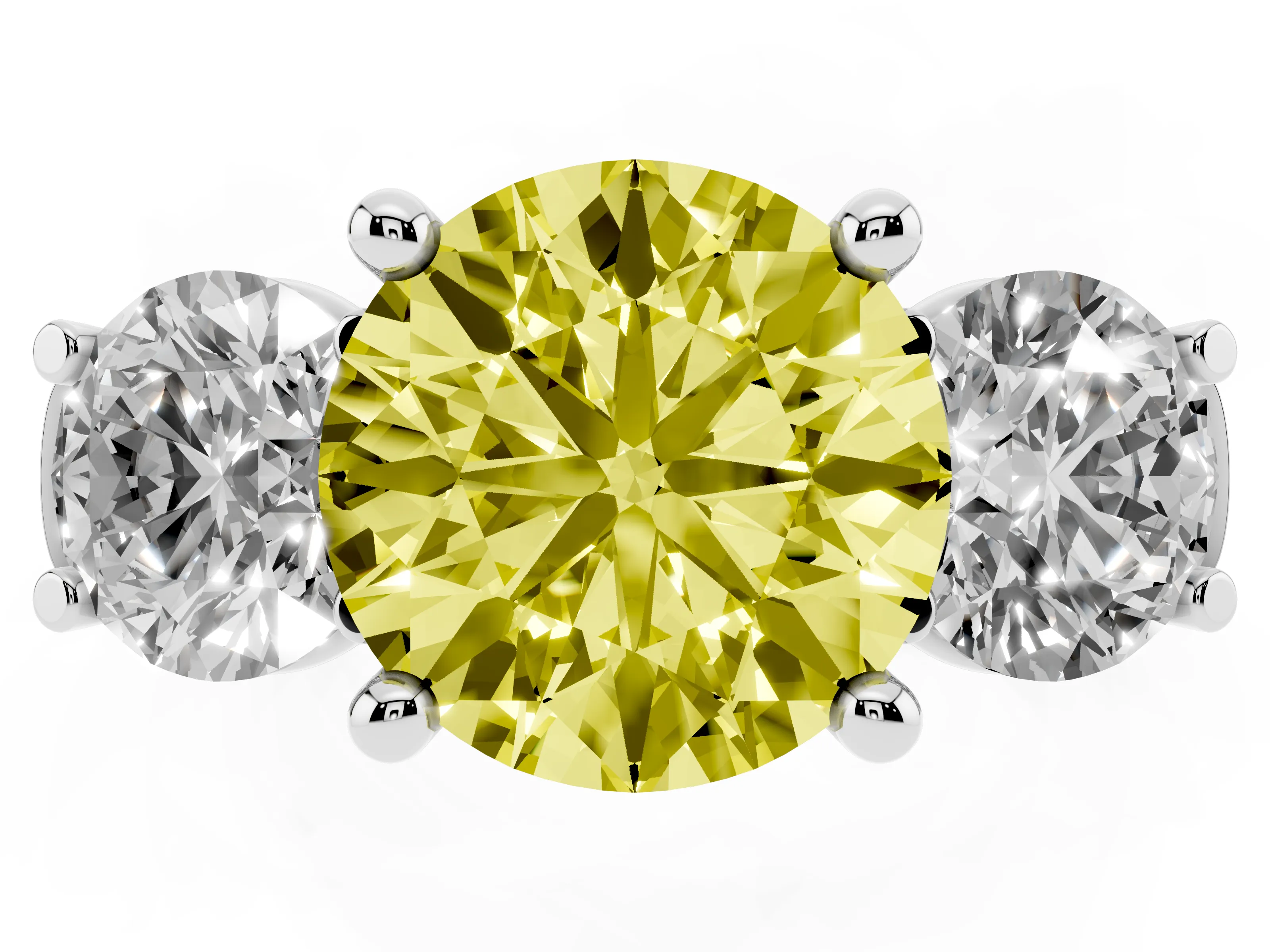 Fancy Yellow Round Cut Diamond Three-Stone Trellis Ring Set in Platinum with Comfort Fit Band