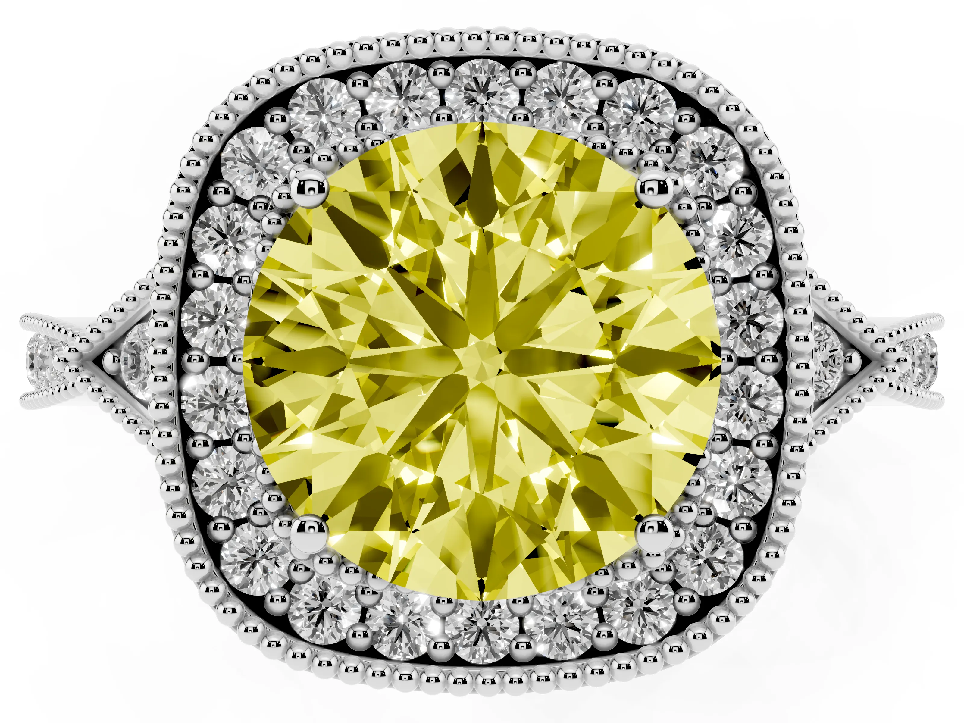 Fancy Yellow Round Cut Diamond Halo Engagement Ring Set in Platinum with Milgrain Pavé Band