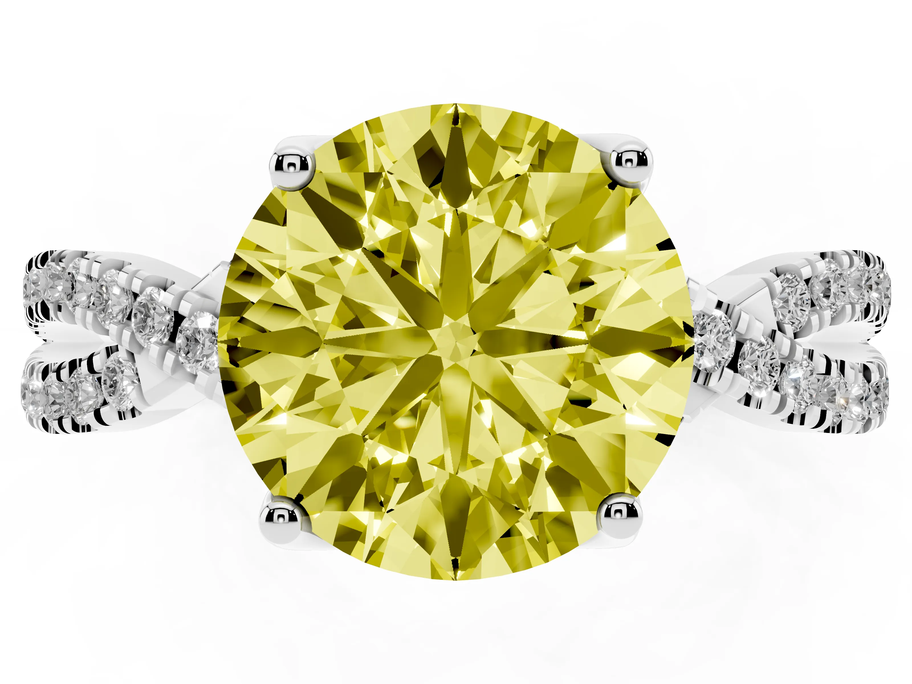 Fancy Yellow Round Cut Diamond Twist Pavé Solitaire Engagement Ring Set in Silver with Prong Setting