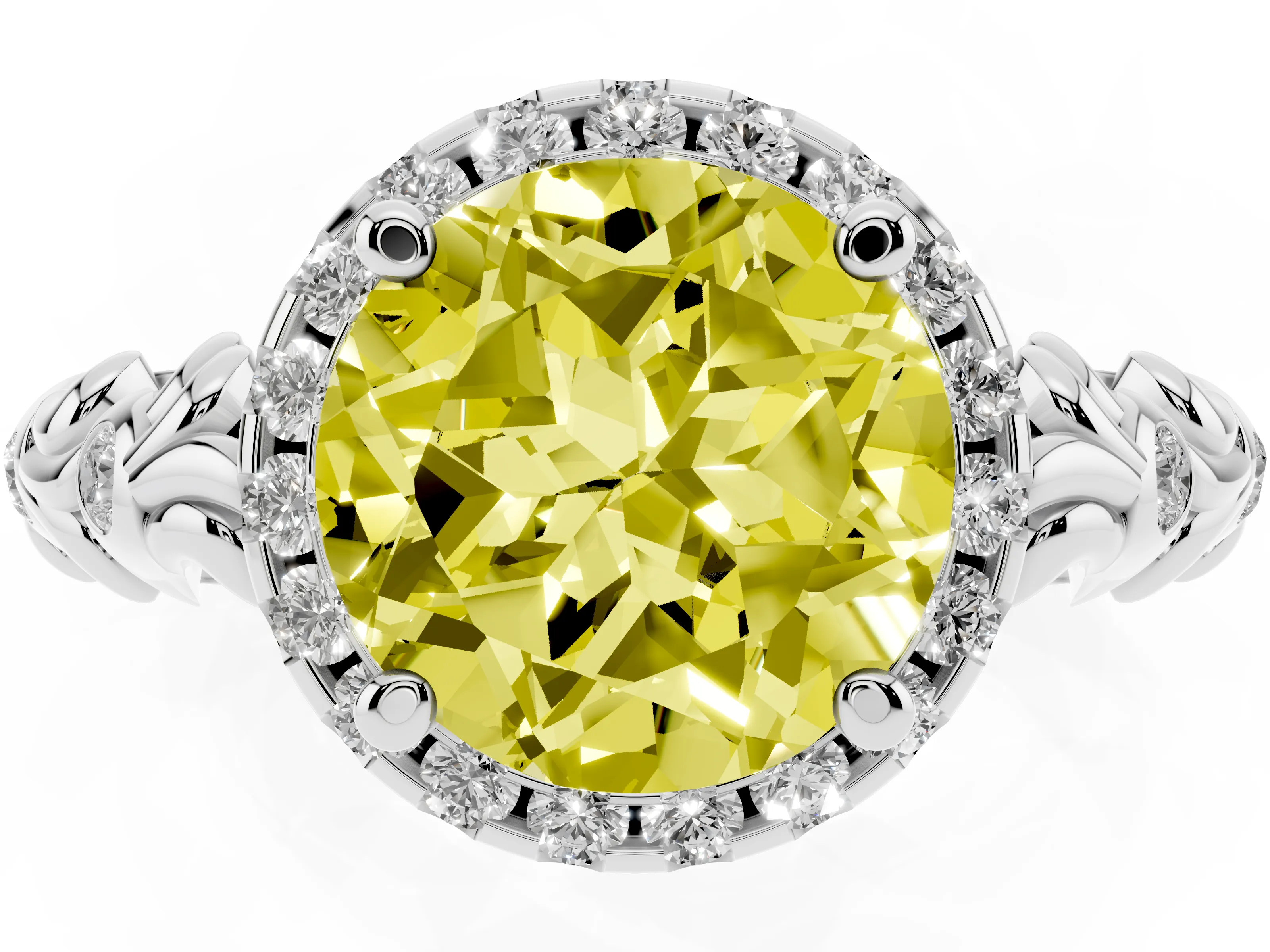 Fancy Yellow Round Cut Diamond Halo Ring Set in Platinum with Filigree Leaf Band and Prong Setting