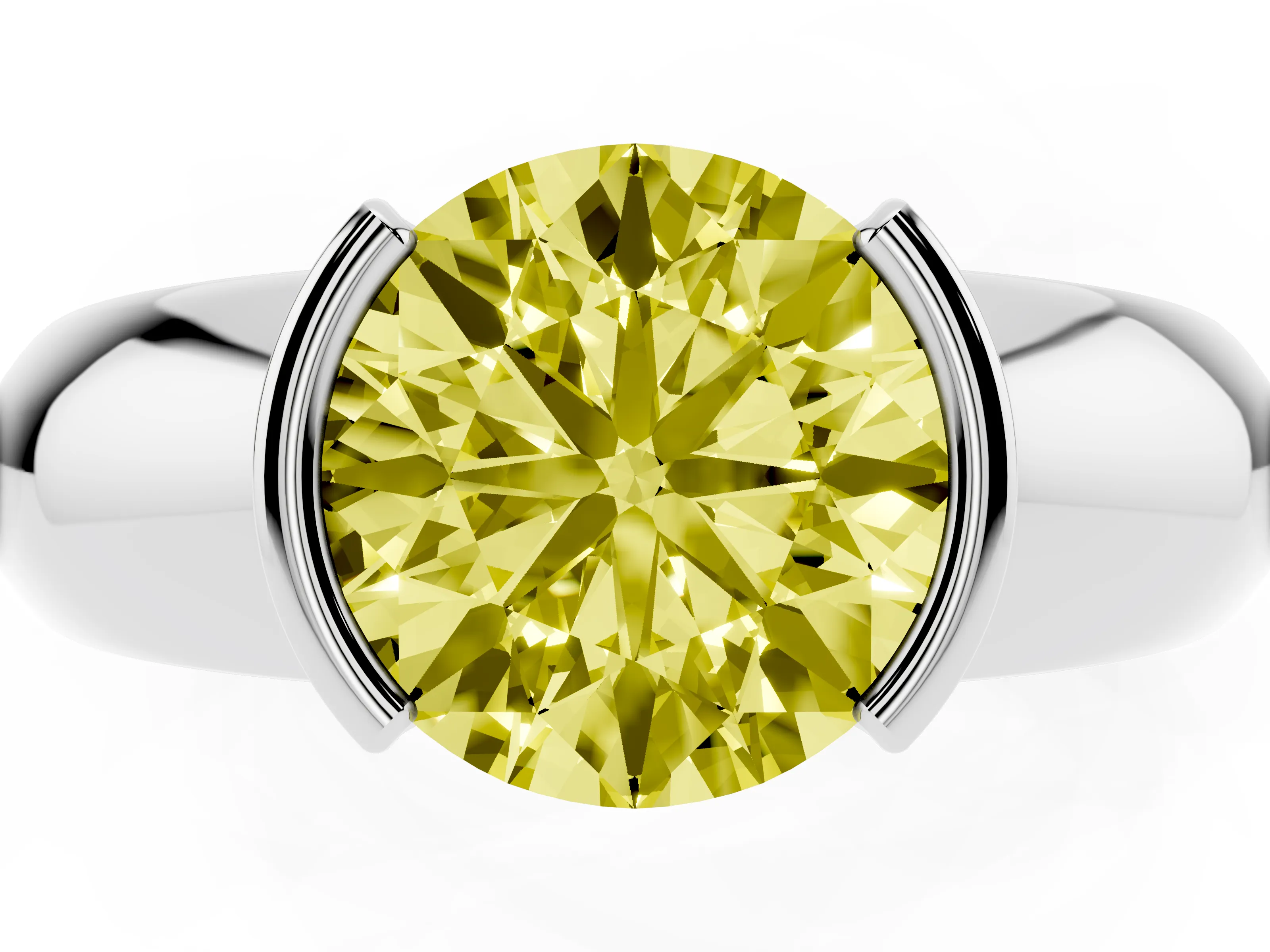 Fancy Yellow Round Cut Diamond Solitaire Tension Set Ring Set in Platinum with Wide Band