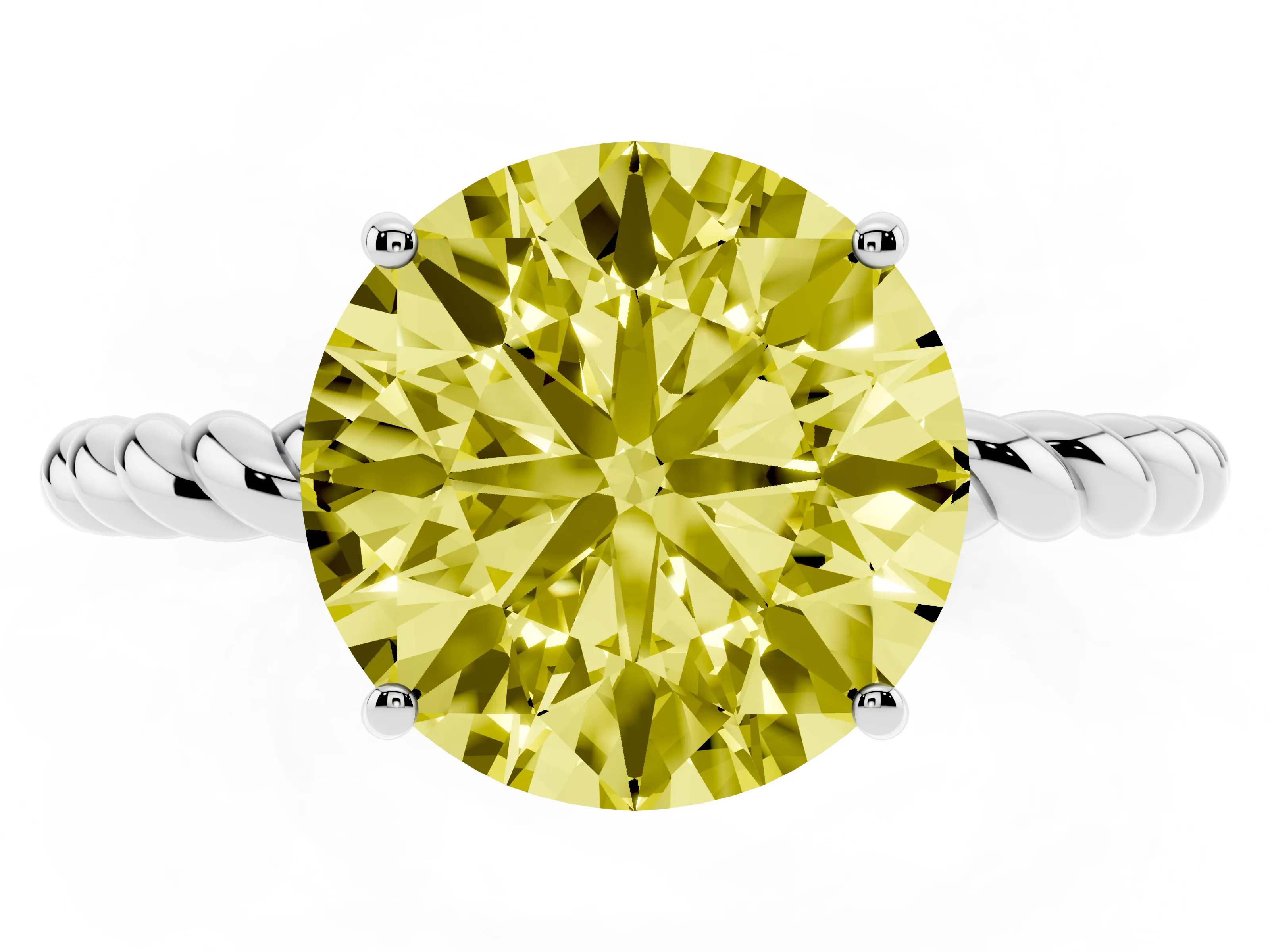 Fancy Yellow Round Cut Diamond Solitaire Ring Set in Platinum with Twist Band and Prong Setting