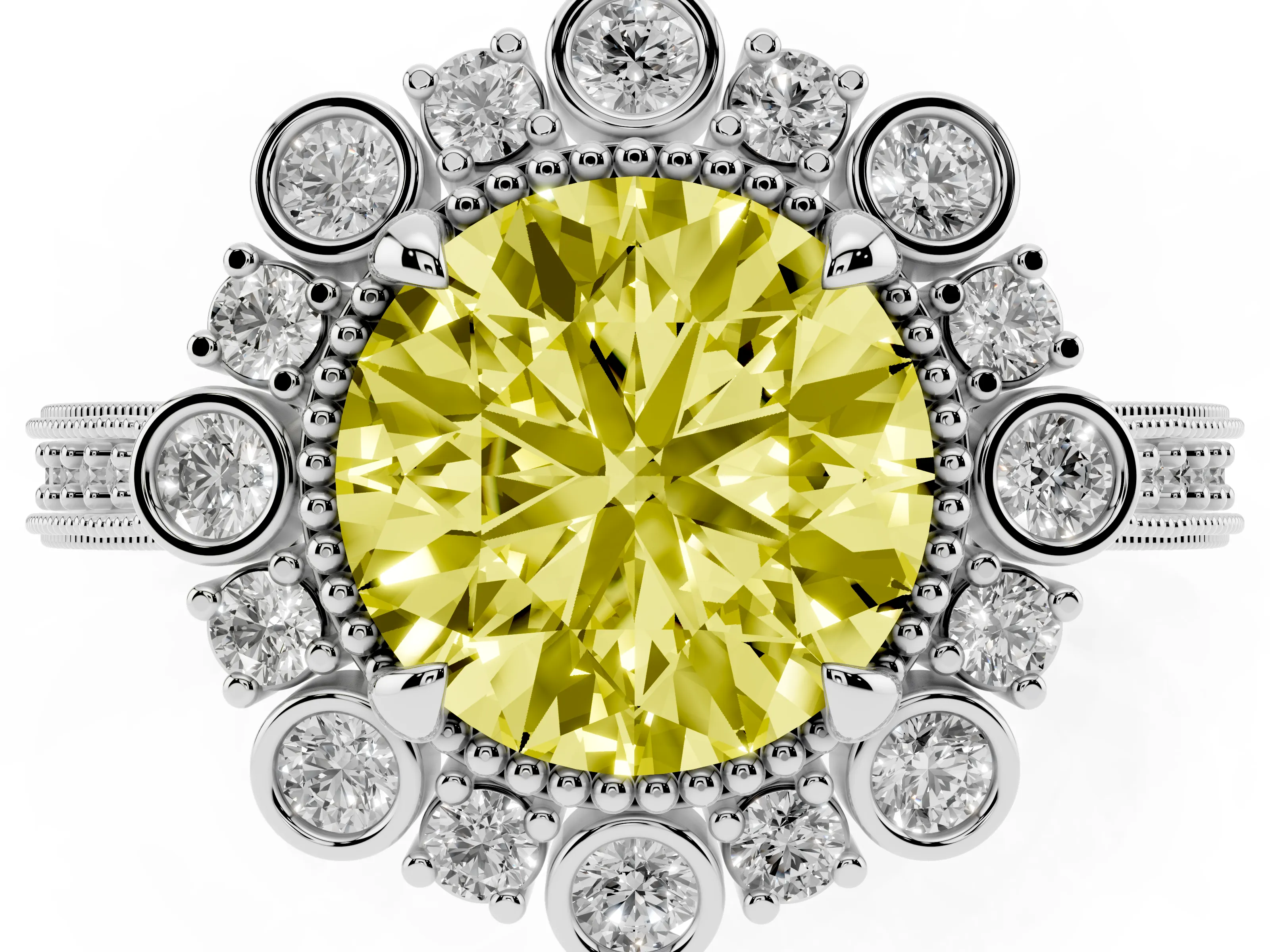 Fancy Yellow Round Cut Diamond Halo Milgrain Pavé Ring Set in White gold with Prong Setting
