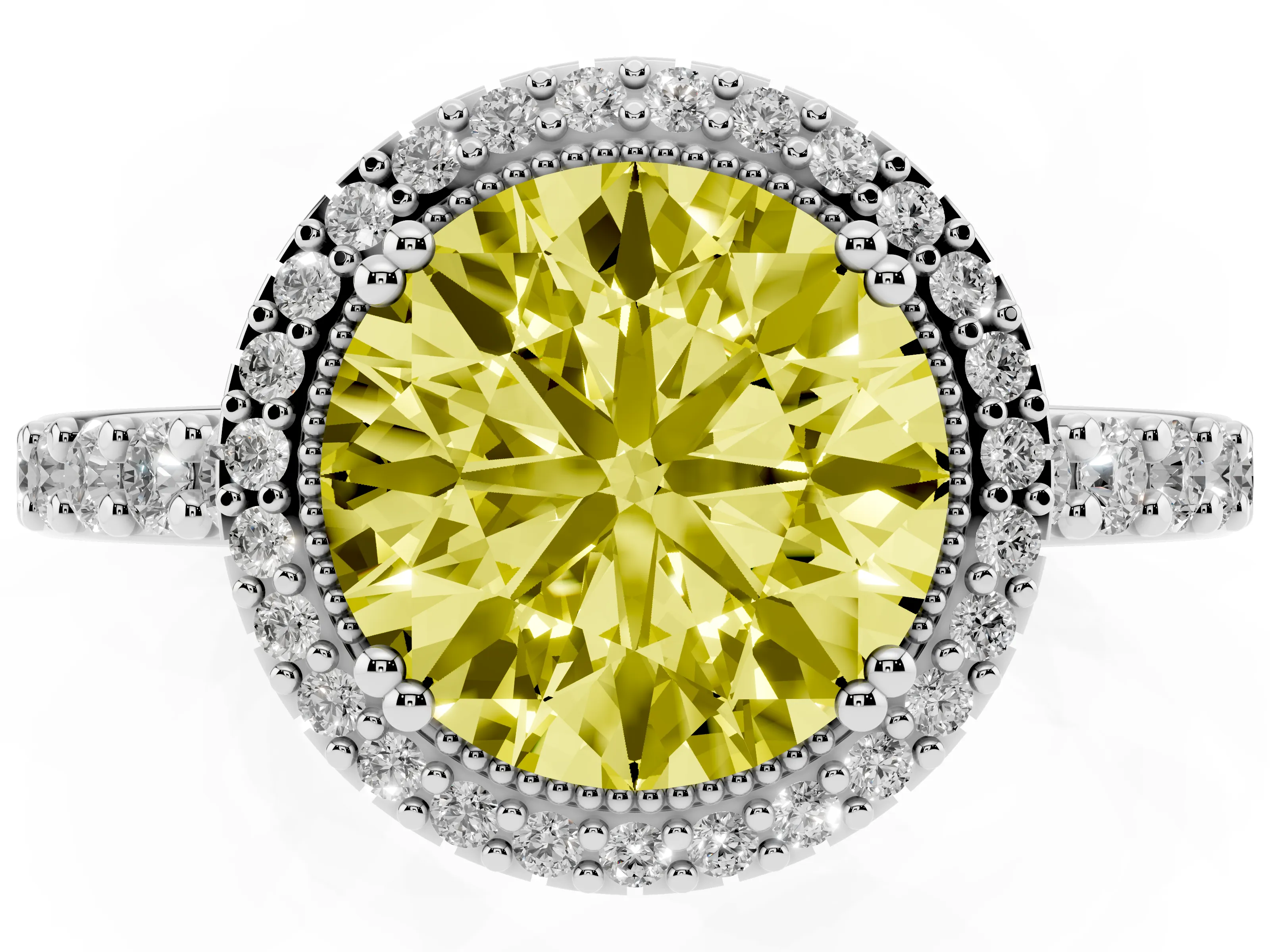 Fancy Yellow Round Cut Diamond Halo Engagement Ring Set in White gold with Milgrain Detail and Pavé Band