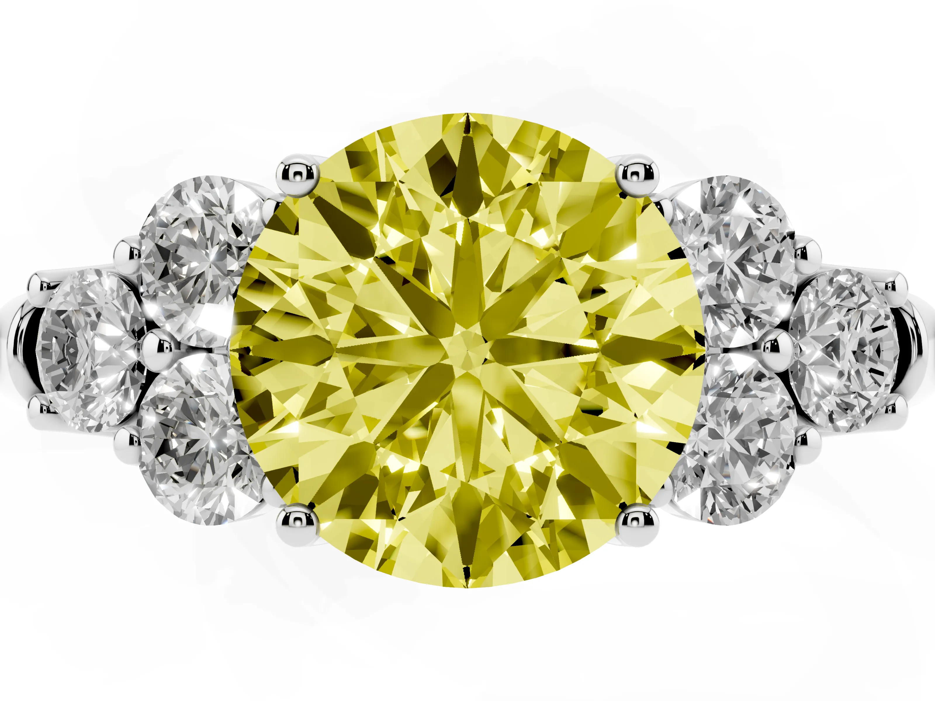 Fancy Yellow Round Cut Diamond Cluster Ring Set in Platinum with Round Accent Stones and Prong Setting on a Plain Band