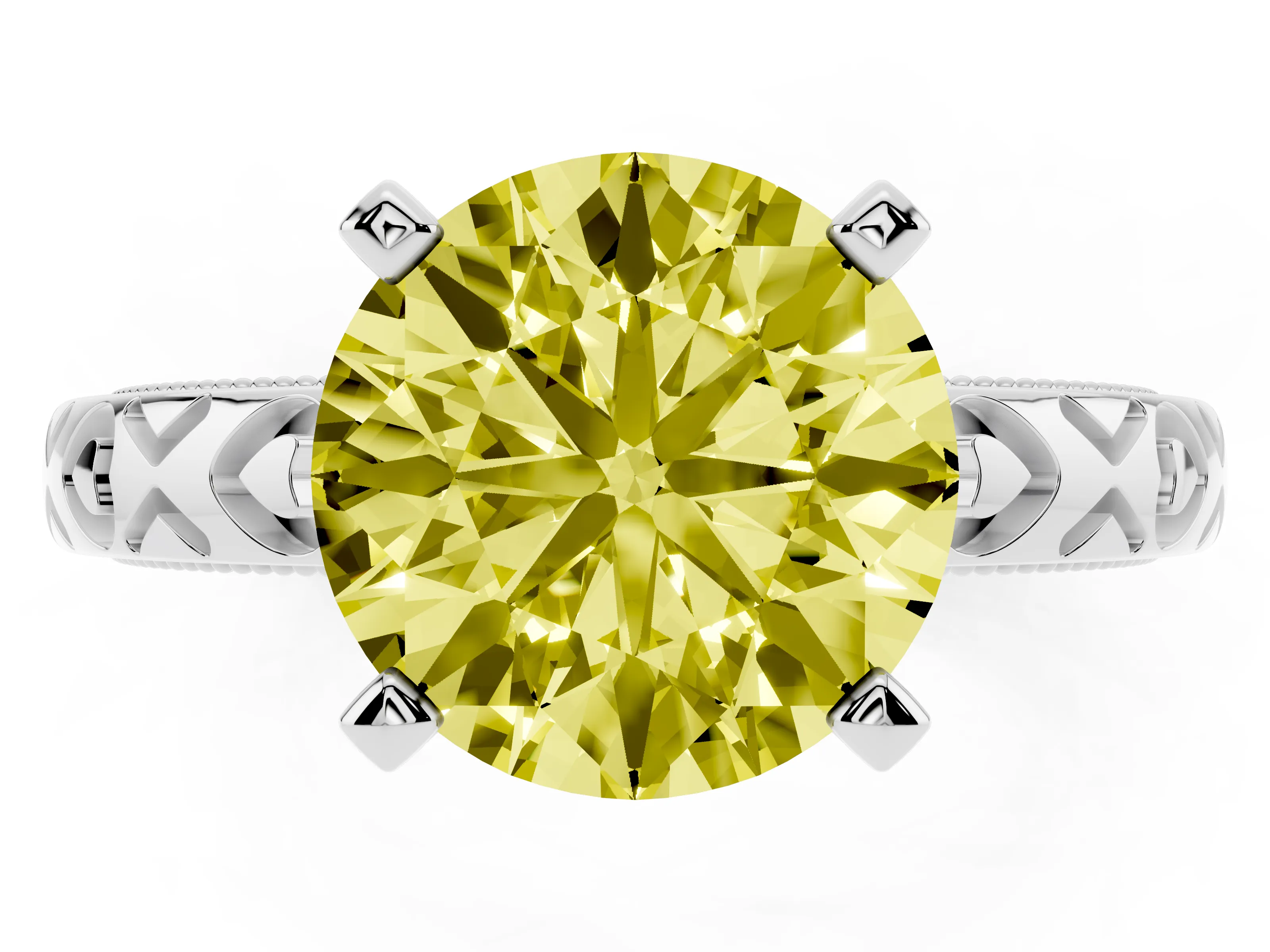 Fancy Yellow Round Cut Diamond Solitaire Engagement Ring Set in White gold with XO Engraved Band and Prong Setting