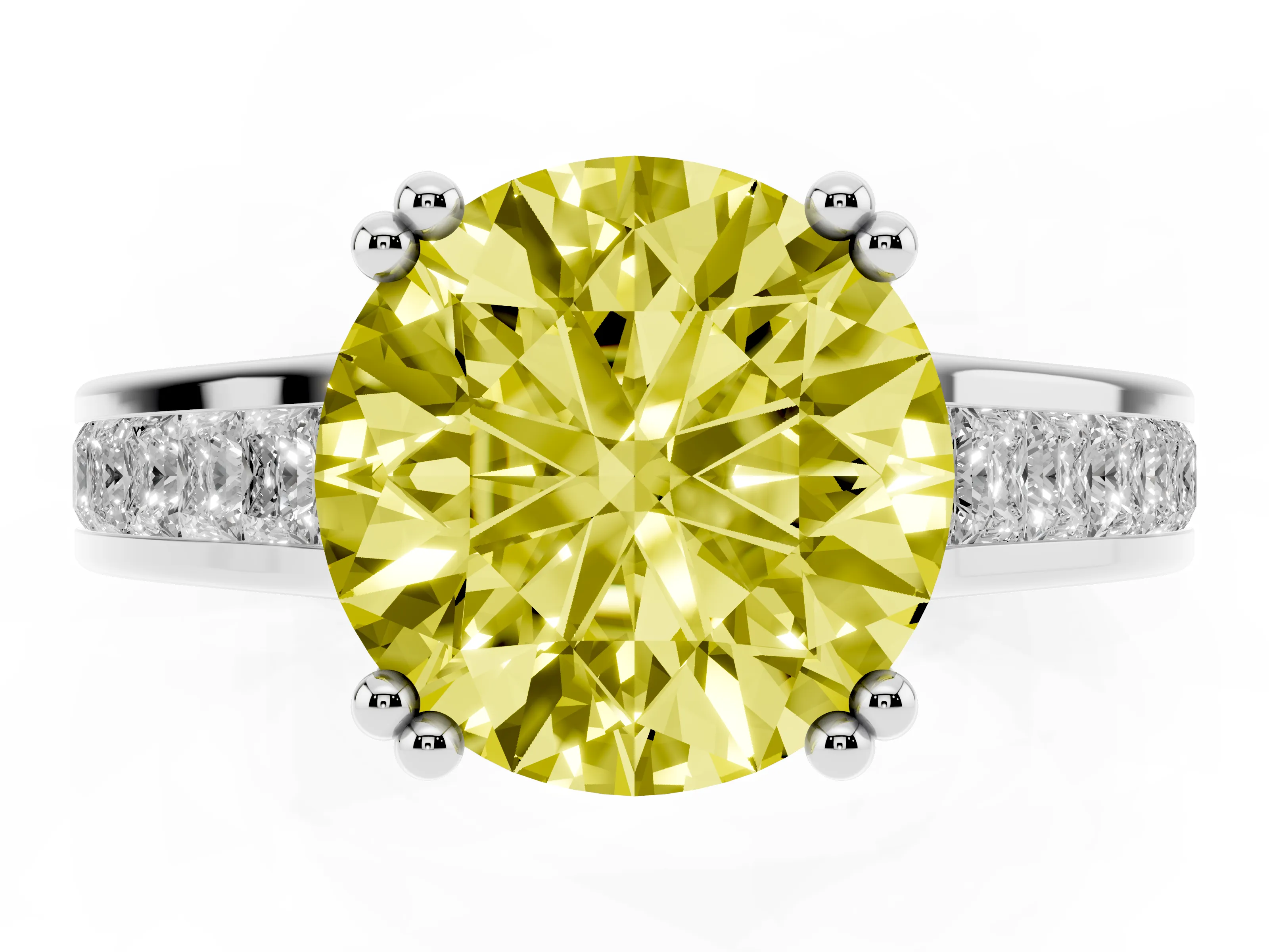 Fancy Yellow Round Cut Diamond Channel Set Solitaire Engagement Ring Set in Platinum with Prong Setting
