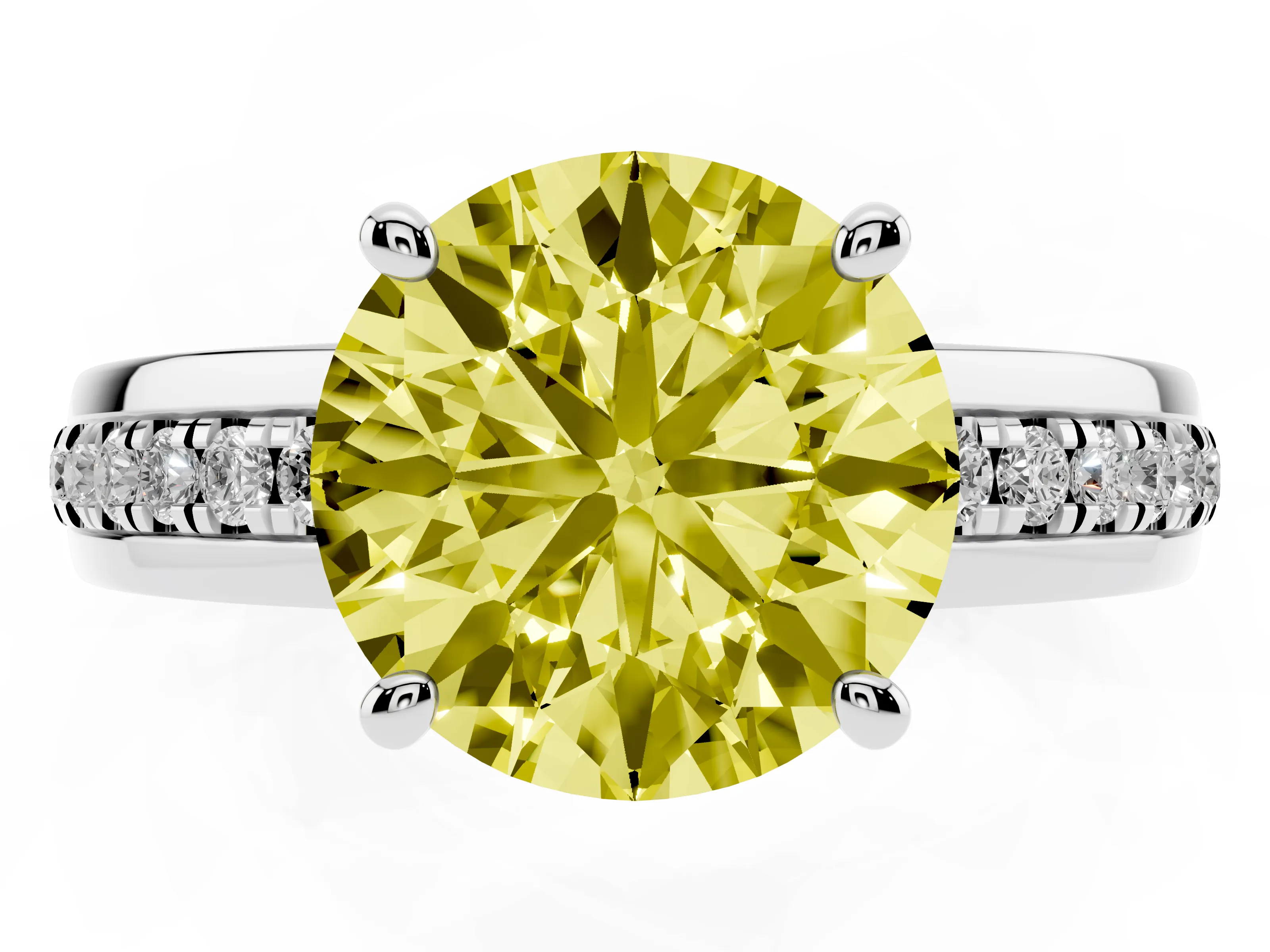 Fancy Yellow Round Cut Diamond Solitaire Ring Set in Silver with Channel Set Band and Prong Setting