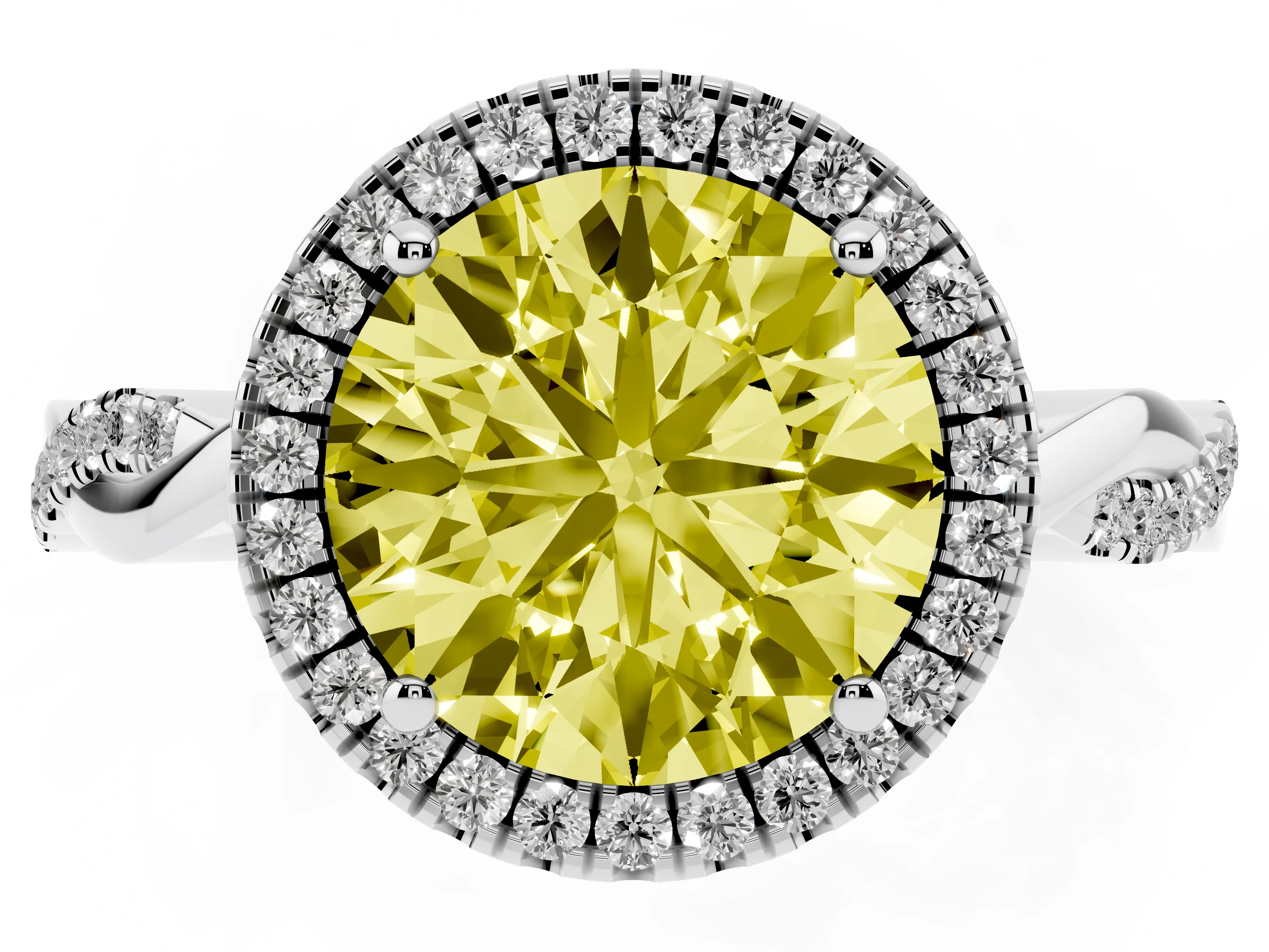 Fancy Yellow Round Cut Diamond Halo Twisted Band Ring Set in Silver with Prong Setting