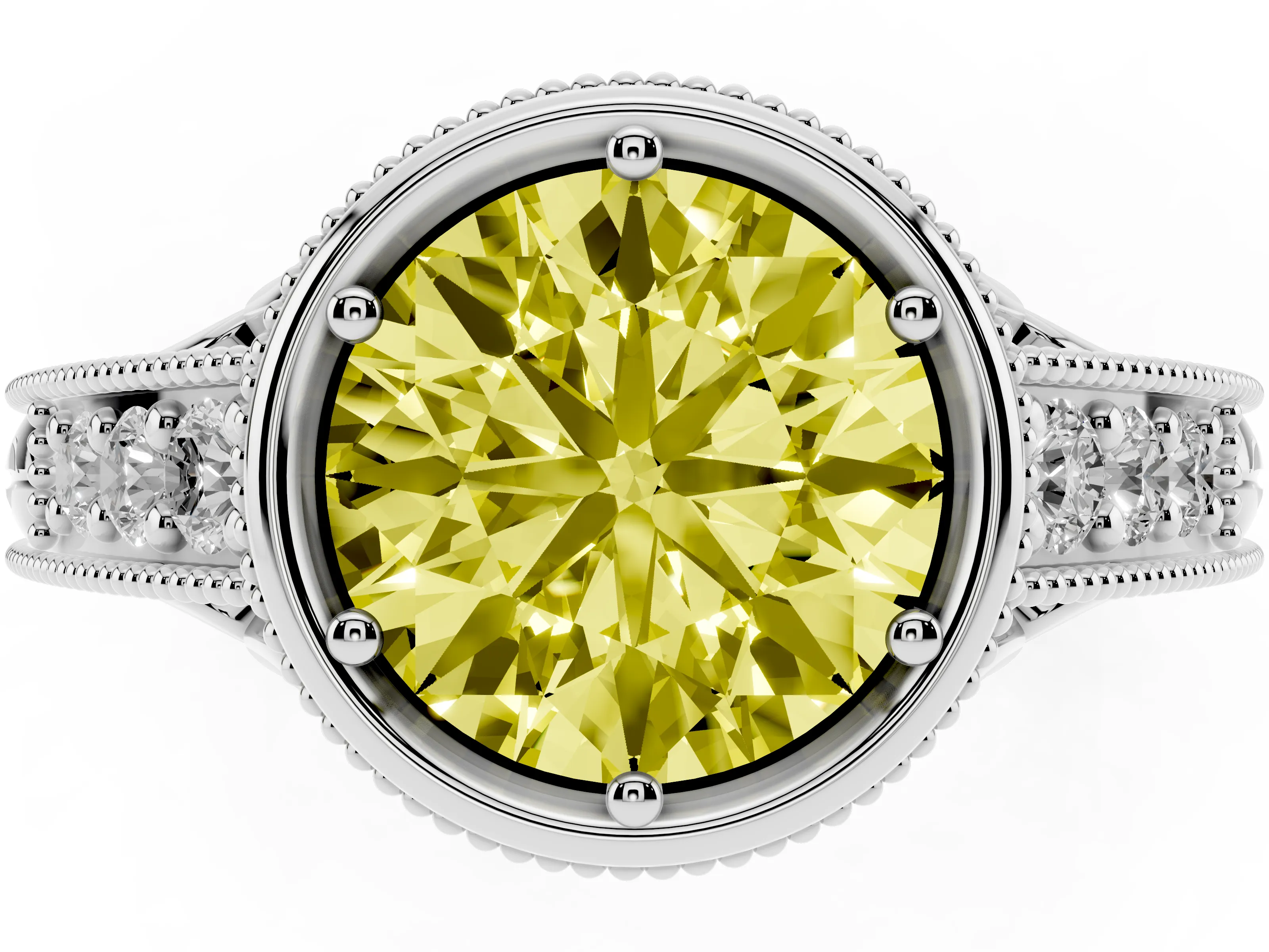 Fancy Yellow Bezel Set Round Cut Diamond Milgrain Pavé Engagement Ring Set in Silver