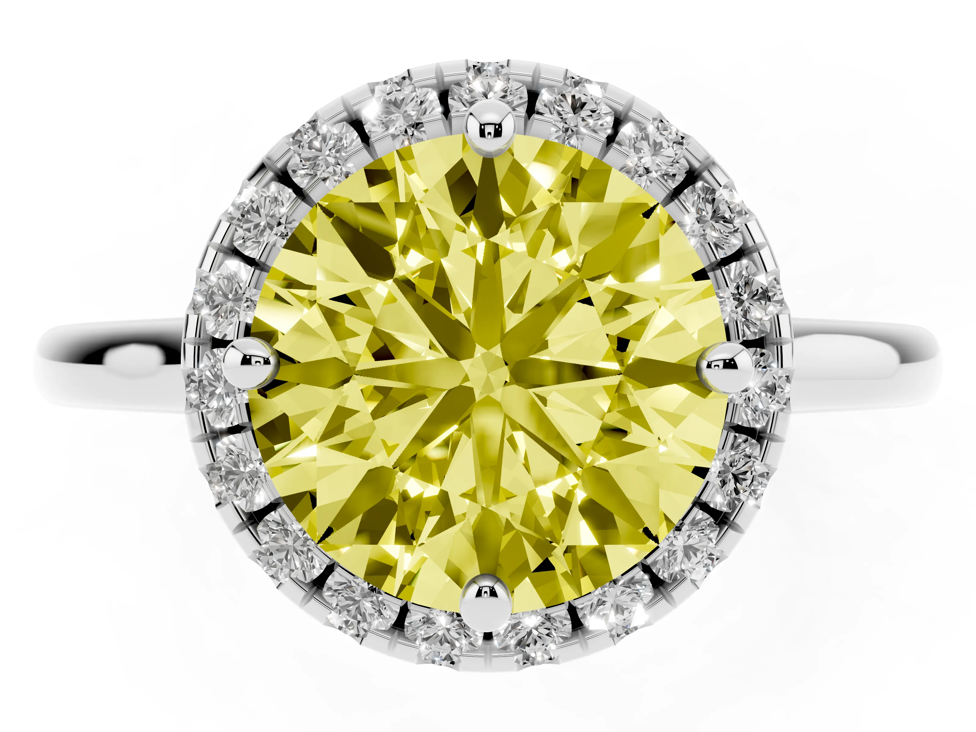Fancy Yellow Round Cut Diamond Halo Engagement Ring Set in Platinum with Pavé Band and Rising Shoulders