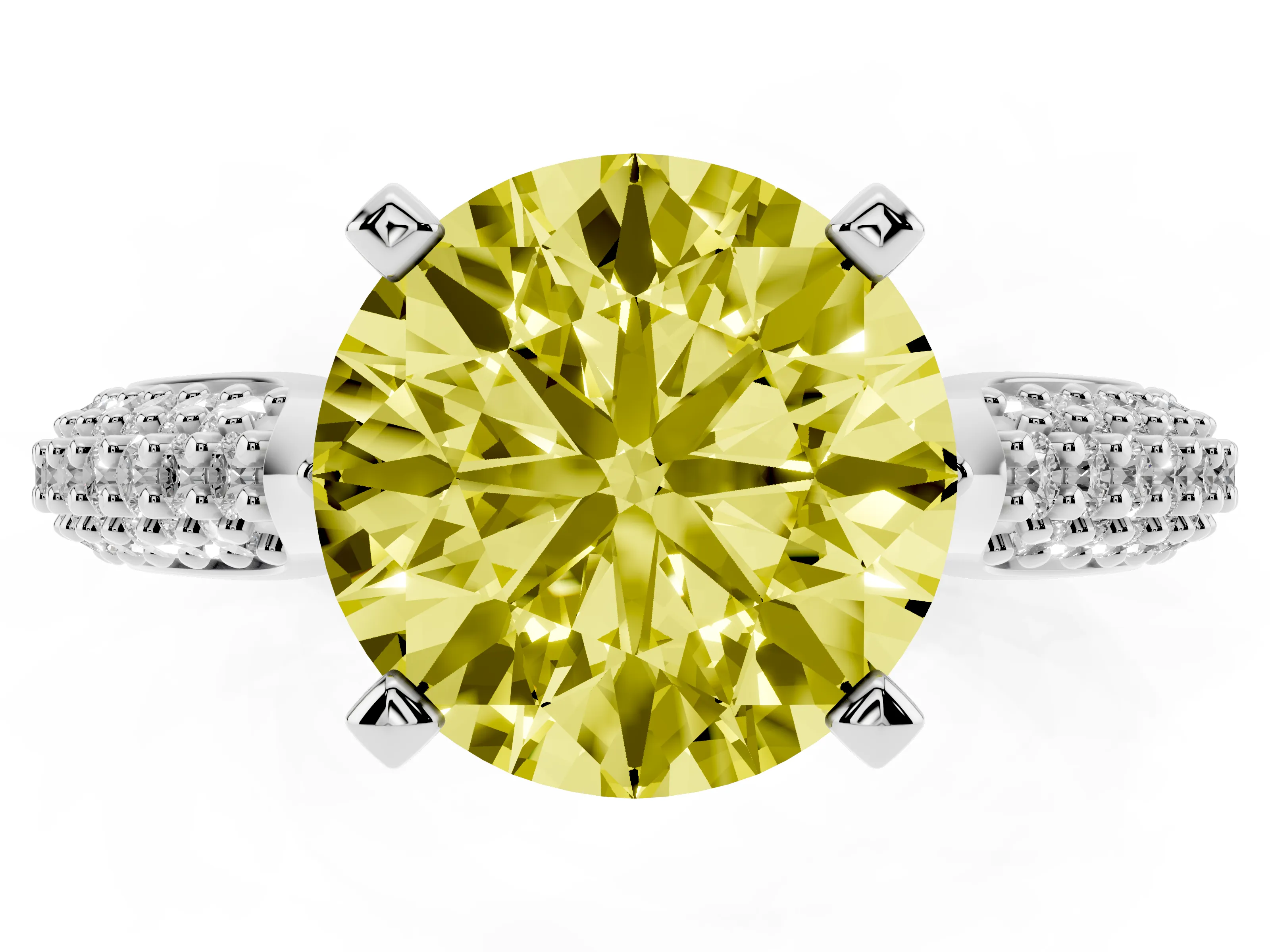 Fancy Yellow Round Cut Diamond Solitaire Engagement Ring Set in Platinum with Multi-Row Round Pavé Band and Prong Setting