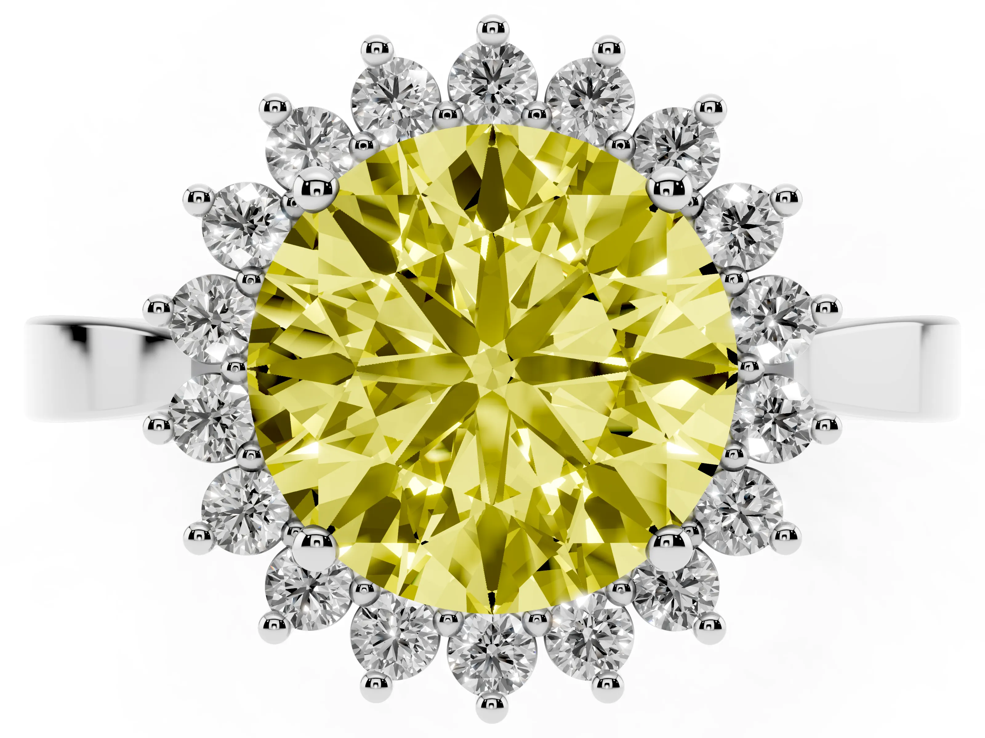 Fancy Yellow Round Cut Diamond Halo Ring Set in White gold with Round Halo and Smooth Solitaire Band