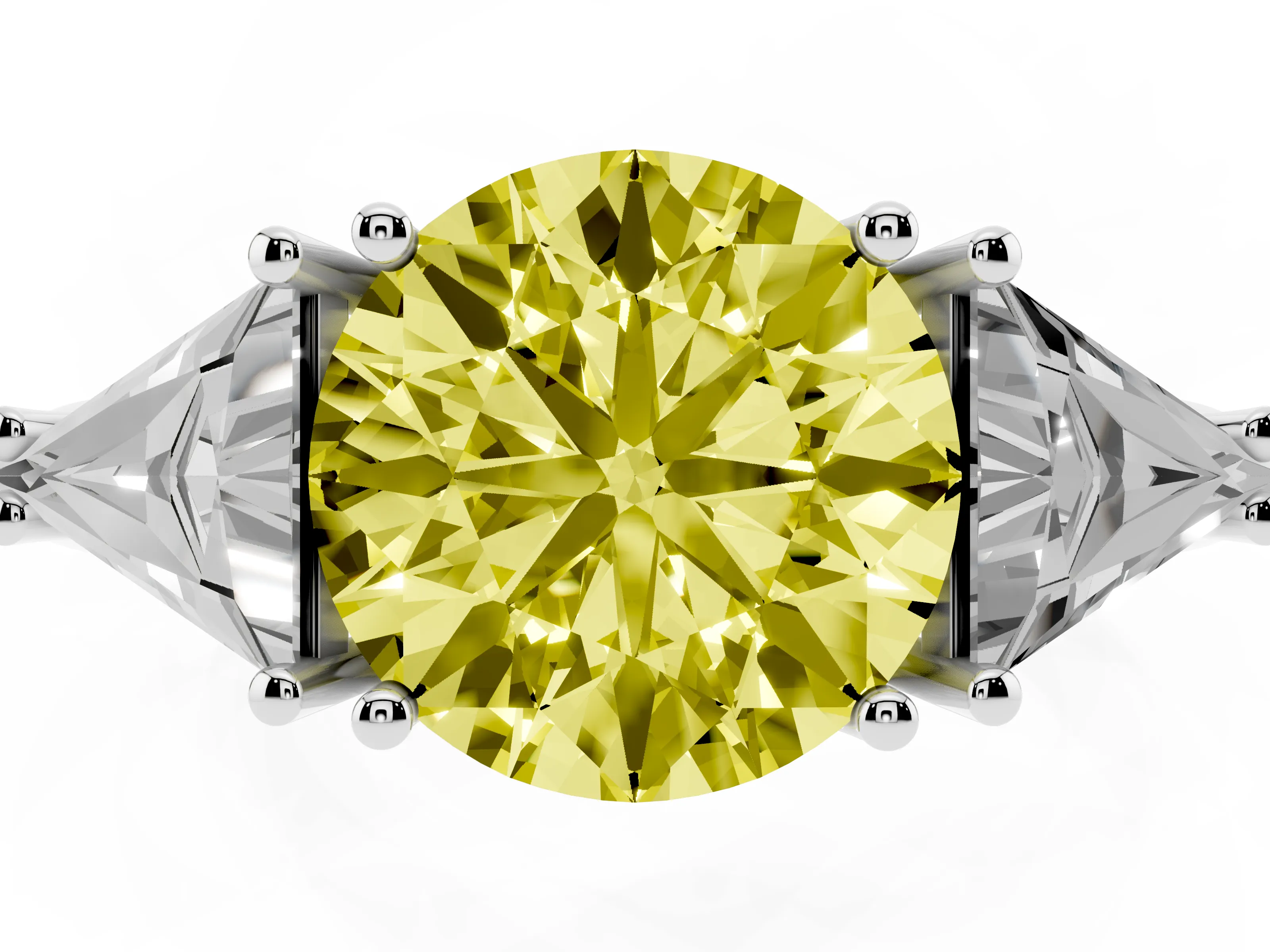 Fancy Yellow Round Cut Diamond Three-Stone Engagement Ring Set in White gold with Trillion Side Stones