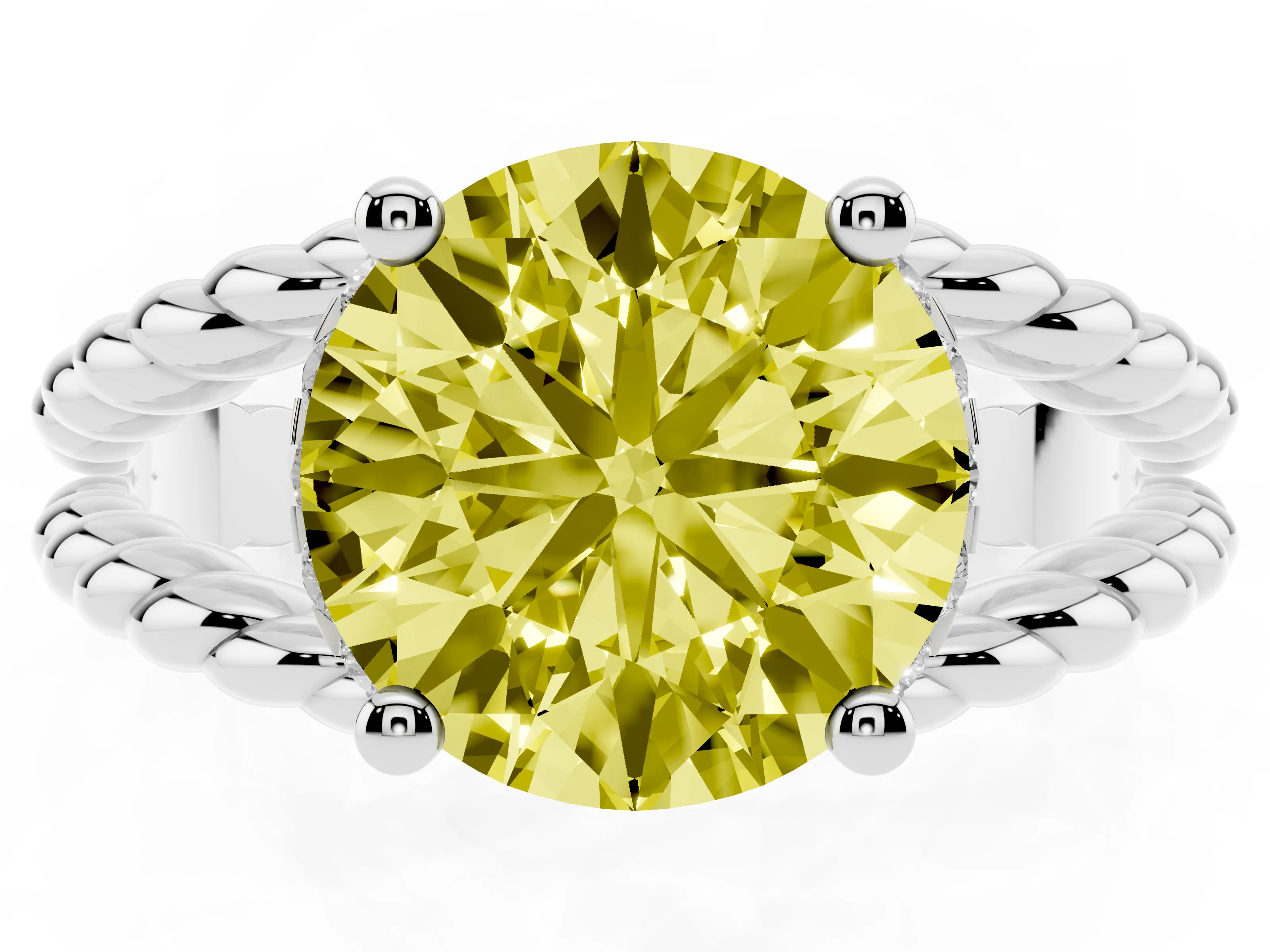 Fancy Yellow Round Cut Diamond Halo Ring Set in White gold with Twisted Band and Prong Setting