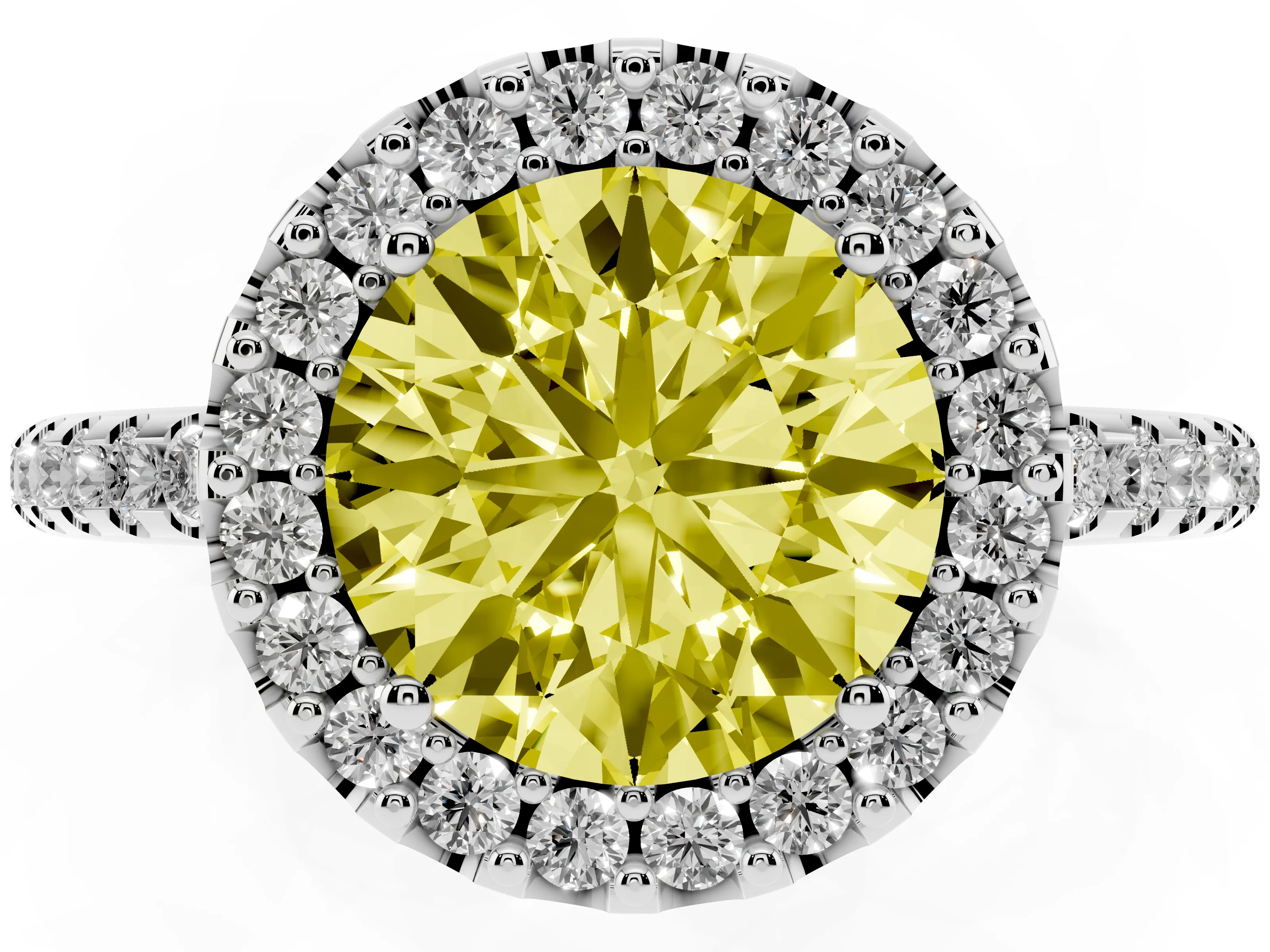 Fancy Yellow Round Cut Diamond Pavé Halo Ring Set in Silver with Prong Setting