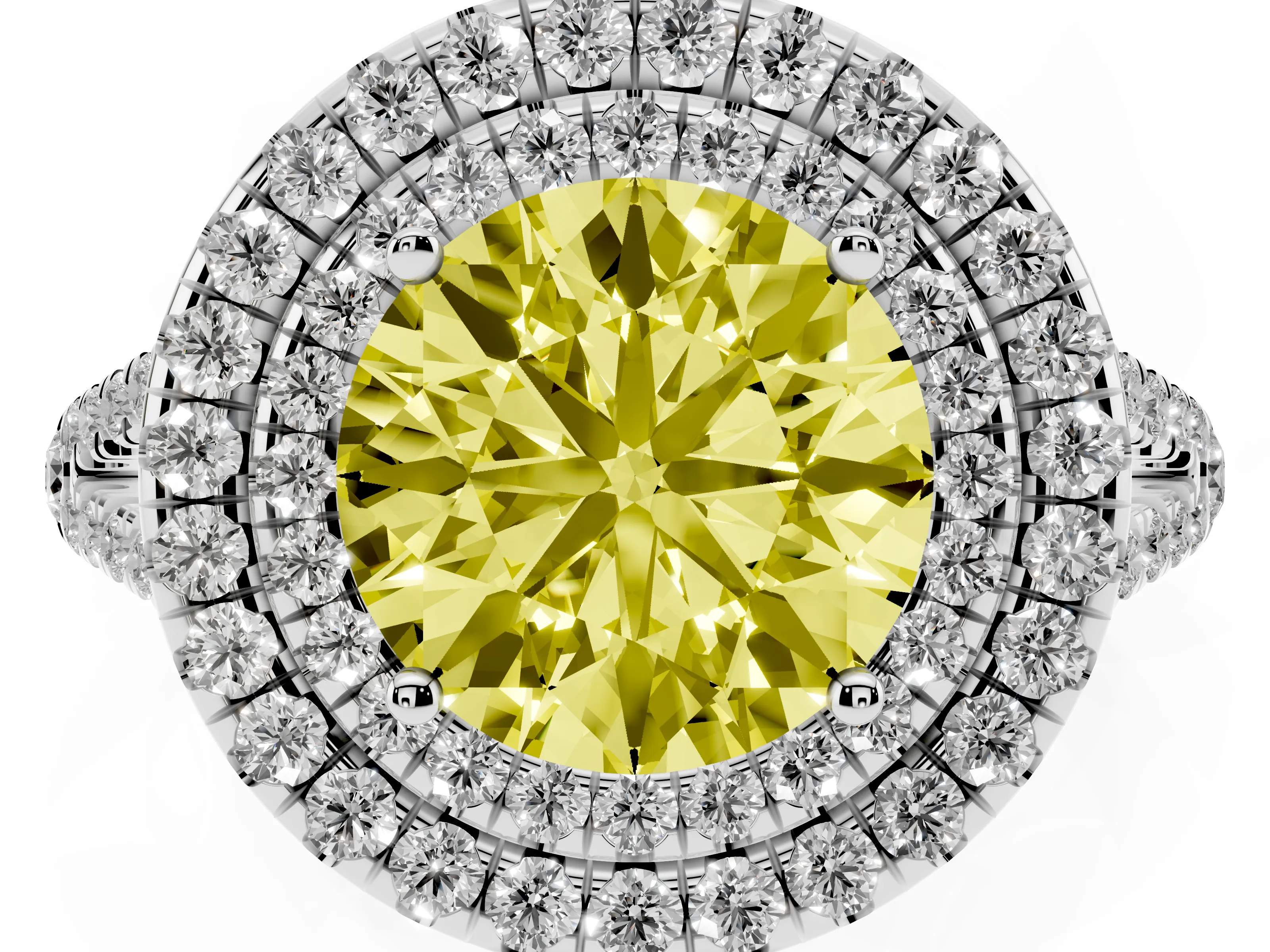 Fancy Yellow Round Cut Diamond Double Halo Ring Set in White gold with Pavé Band