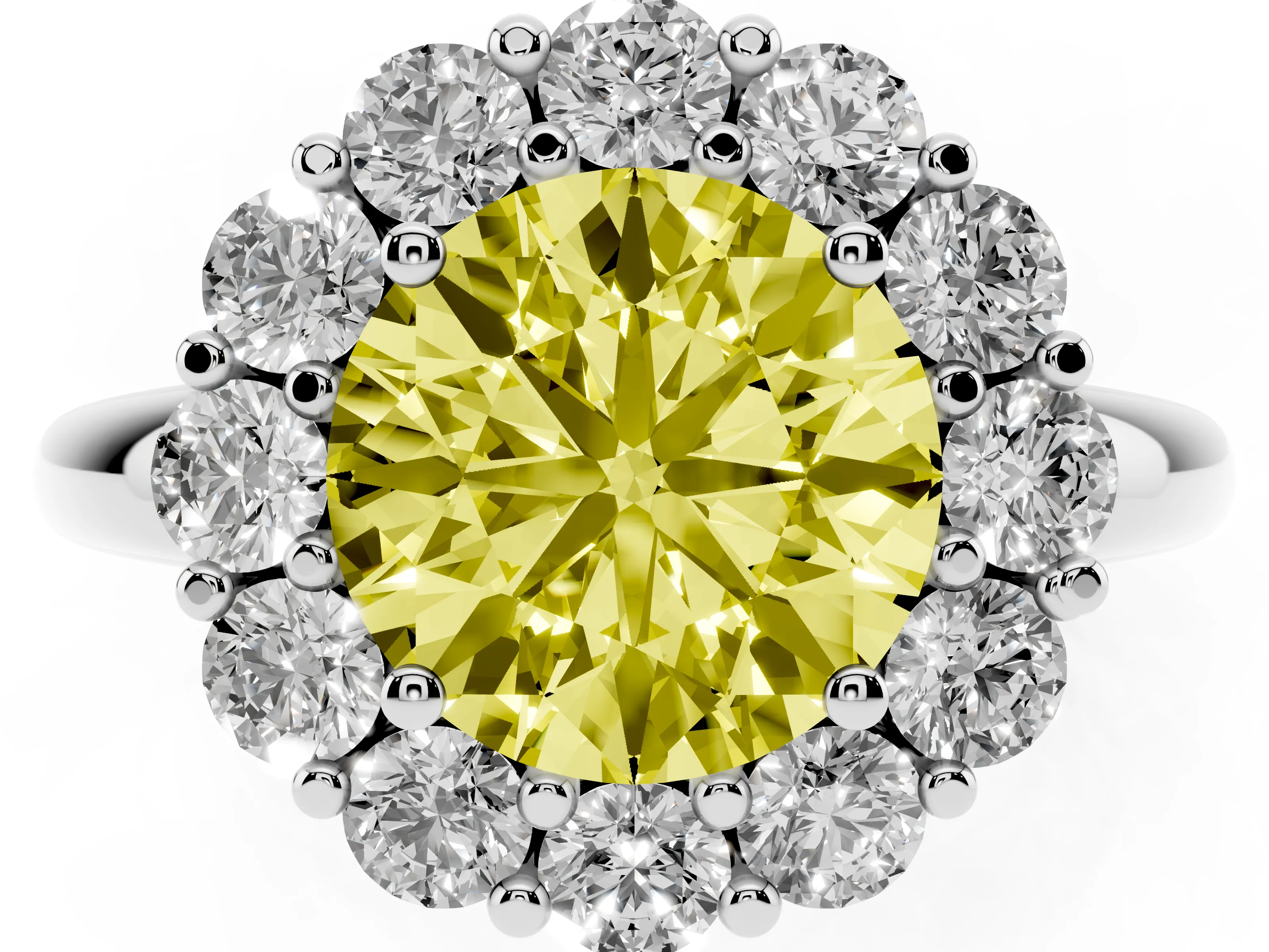 Fancy Yellow Round Cut Diamond Halo Cluster Engagement Ring Set in White gold with Polished Band and Prong Setting